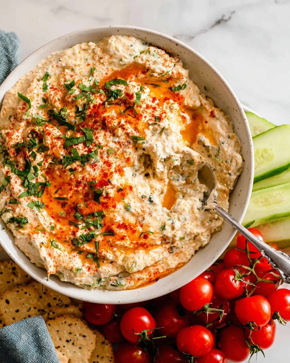 A white bowl filled with a creamy, light beige dip that has a slightly chunky texture and is topped with a bright orange oily layer, sprinkled with finely chopped green herbs and reddish paprika powder. The dip appears swirled and scooped, with a silver spoon partially submerged on the right side, lifting some of the dip. Surrounding the bowl on a white marbled surface are red cherry tomatoes on the vine clustered at the bottom right, some pale green cucumber slices to the right, and some cracked crackers to the bottom left. photo taken with an iphone --ar 4:5 --v 7