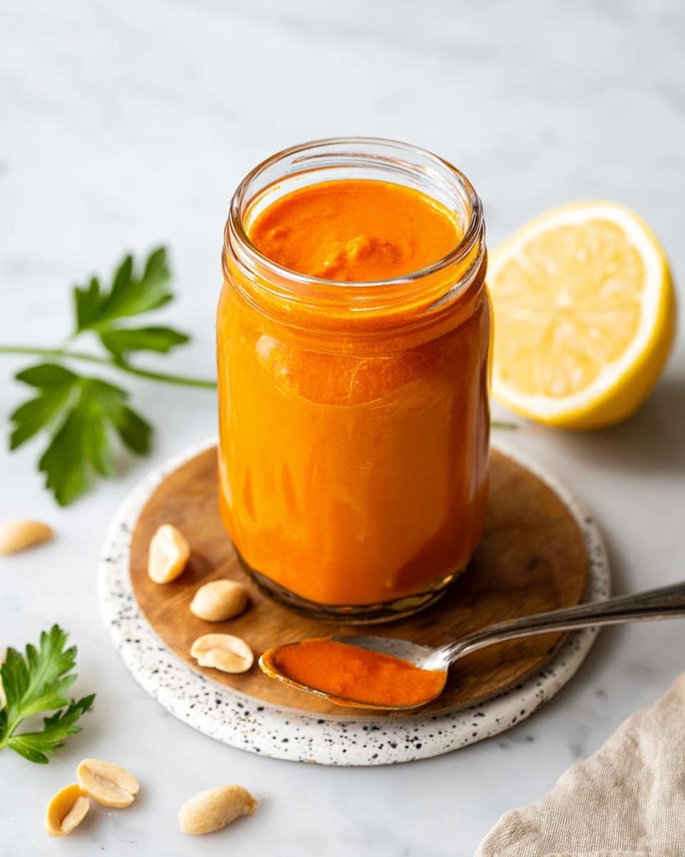 A clear glass jar filled with bright orange sauce, filled close to the top with a slightly thick and smooth texture visible. The jar sits on a round wooden coaster placed on a white dish with black specks, all resting on a white marbled surface. Around the base of the jar are scattered light beige peanuts and green parsley leaves on the left and right sides. A metal spoon scooping some of the orange sauce rests on the dish to the right of the jar. Near the right edge is half a yellow lemon cut, showing its juicy inner side. Photo taken with an iphone --ar 4:5 --v 7