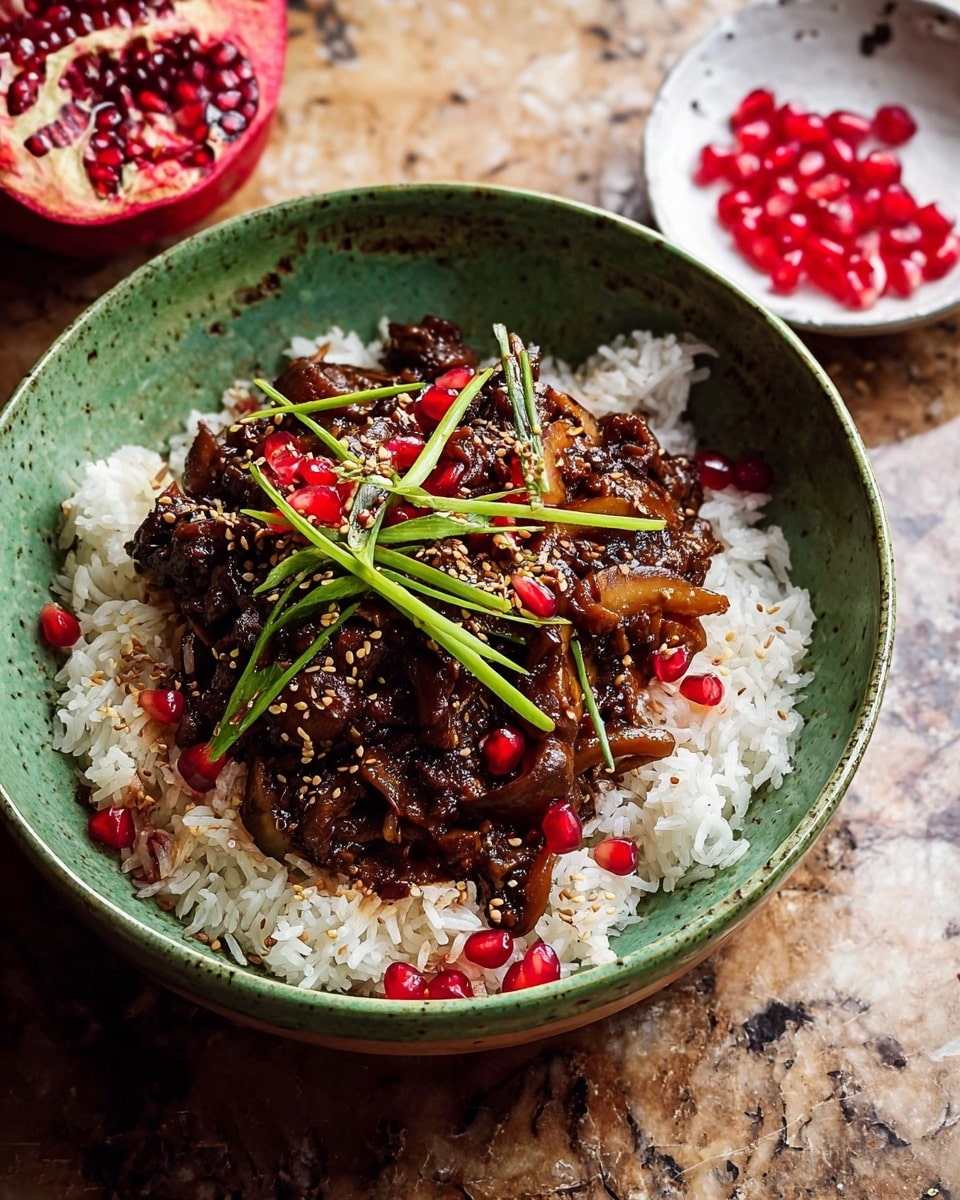 A green bowl filled with a base layer of fluffy white rice, topped with a dark brown stir-fried mixture of mushrooms and sauce. Bright red pomegranate seeds are scattered over the dish, adding vibrant contrast. Thin, long green strips, likely scallions, lay across the top, sprinkled with toasted sesame seeds for texture. The bowl sits on a white marbled surface, with a halved pomegranate and a small white bowl of pomegranate seeds nearby. photo taken with an iphone --ar 4:5 --v 7