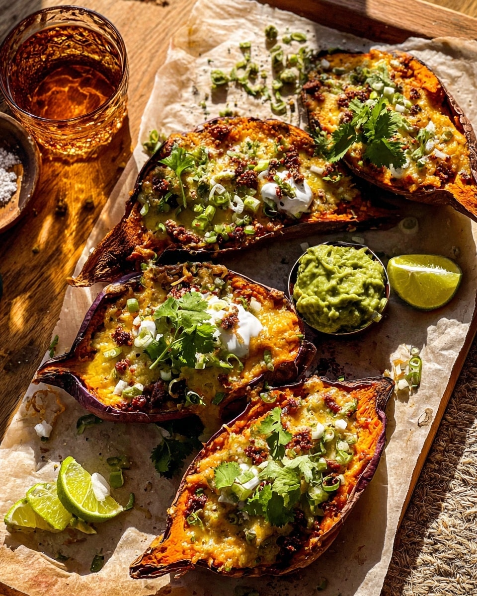 The dish shows three large halves of roasted sweet potatoes with deep orange flesh and dark purple skin, each topped with a melted golden layer of cheese covering the surface evenly. On top of the cheese, small brown crispy bits are scattered, adding texture. Fresh green cilantro, thinly sliced light green scallions, and dollops of white sour cream are placed in the center of each potato half. Bright green guacamole adds a creamy texture on top of the sour cream. Slices of fresh lime rest beside the potatoes on parchment paper, all set on a wooden board background. A clear glass of amber liquid sits to the side with light reflecting off it. The overall setting is warm and inviting with natural sunlight. photo taken with an iphone --ar 4:5 --v 7