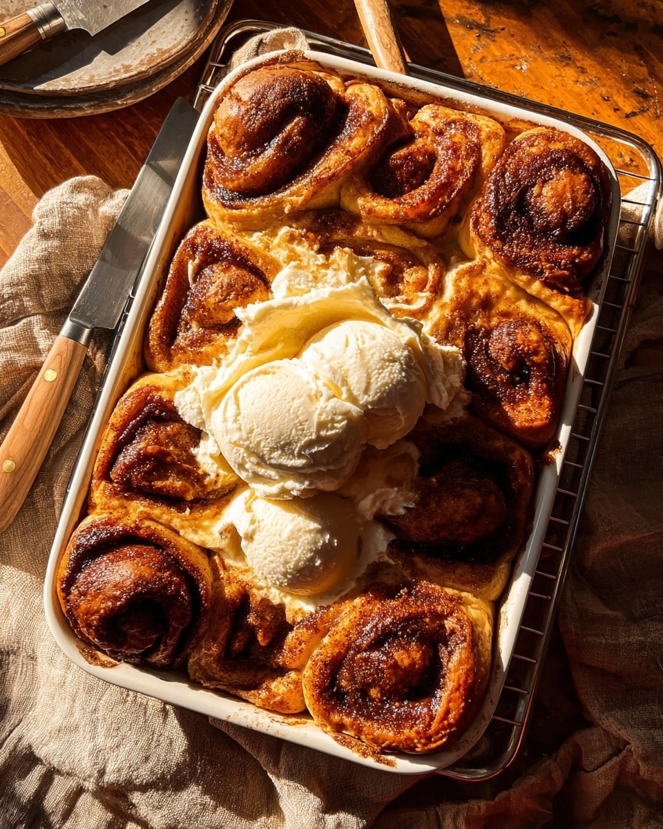 The image shows a rectangular white baking dish filled with several layers of golden-brown baked cinnamon rolls that have a slightly crisp and caramelized top layer. The cinnamon rolls are tightly packed, with a few patches of slightly darker, toasted cinnamon. A large dollop of soft, creamy white whipped topping or ice cream sits in the center and slightly spreads over the rolls, adding a smooth texture contrast. The dish is placed on a wire rack atop a wooden surface, with a knife lying nearby and a beige cloth partially visible to the side. The warm sunlight highlights the rich colors and textures of the rolls, making the dish look freshly baked and inviting. photo taken with an iphone --ar 4:5 --v 7