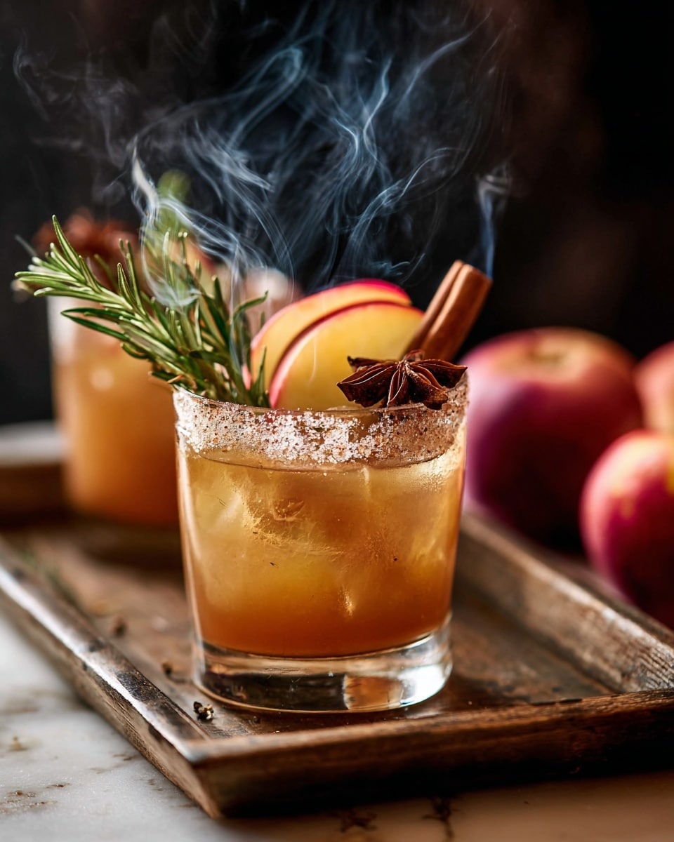 The image shows a clear glass filled with a brownish-orange drink with ice cubes and a thin slice of red and yellow apple inside. The rim of the glass is coated with coarse sugar. On top, a cinnamon stick, a sprig of green rosemary, and a star anise are placed as garnish. The glass is set on a rustic wooden tray, with red apples blurred in the background. Wisps of smoke rise above the drink, adding a warm and cozy feeling. The surface beneath is a white marbled texture. photo taken with an iphone --ar 4:5 --v 7