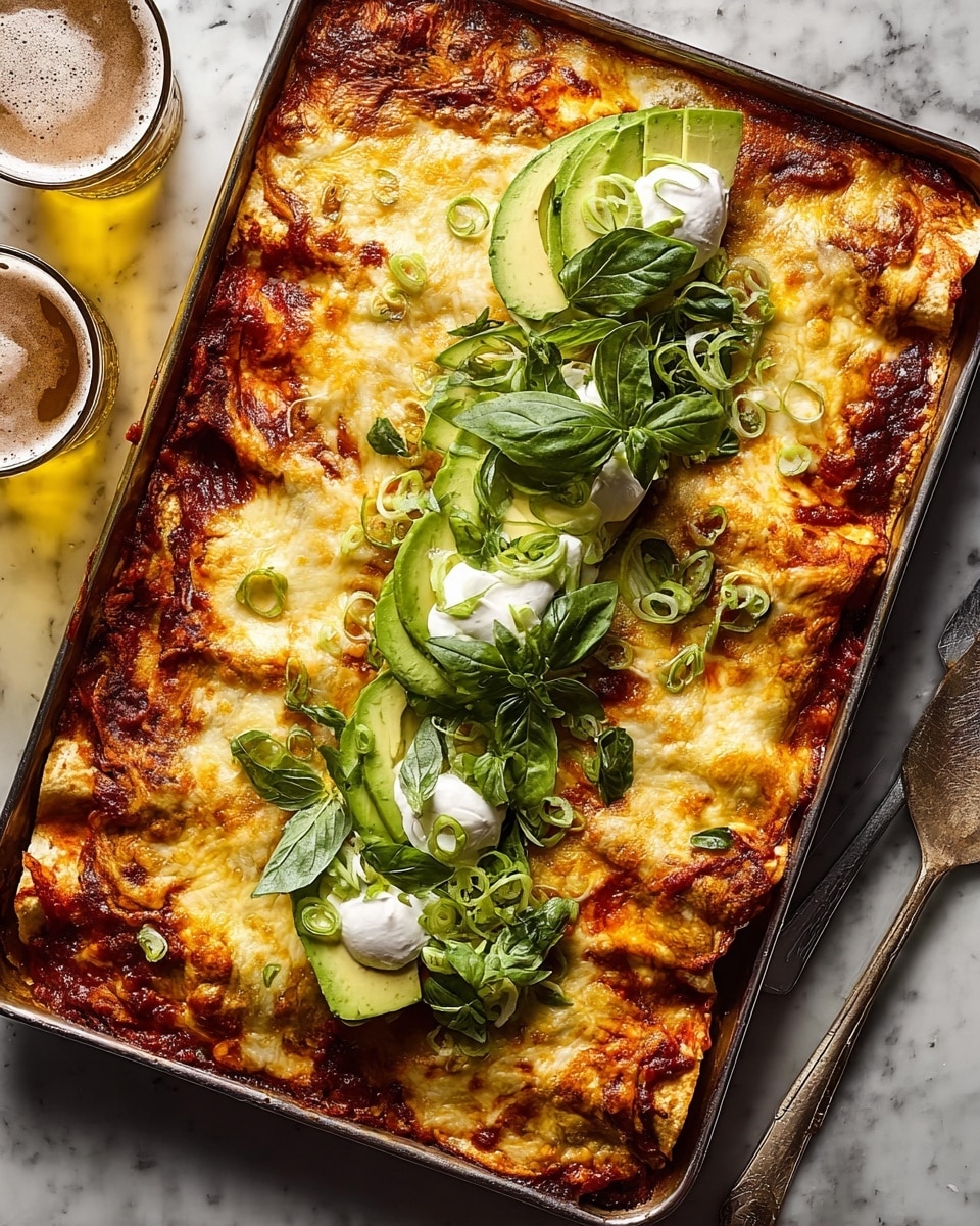 A white baking dish filled with four large stacked layers of golden-brown, melted cheese tortillas covered in a bright red sauce that peeks through the edges. On top, there is a central topping with sliced green avocado, fresh green herbs, and thinly sliced white scallions scattered over dollops of white sour cream. The edges of the cheese are slightly crispy and browned. The dish is placed on a white marbled surface, with a wooden-handled knife and two glasses of golden liquid nearby. Photo taken with an iphone --ar 4:5 --v 7