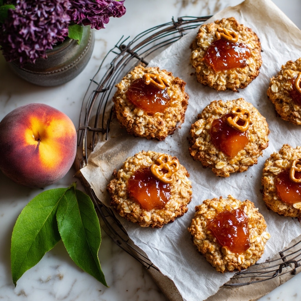 The image shows six round oatmeal cookies laid out on a sheet of parchment paper placed on a wire rack, each cookie topped with a small pretzel piece and a glossy layer of peach jam that glistens in the light. The cookies have a rough texture with visible oats, giving them a chunky, homemade look. To the left, there is a fresh peach with water droplets and a green leaf attached, and behind it, a dark purple flower in a small pot. The wire rack and parchment sit on a white marbled textured surface. Photo taken with an iphone --ar 4:5 --v 7