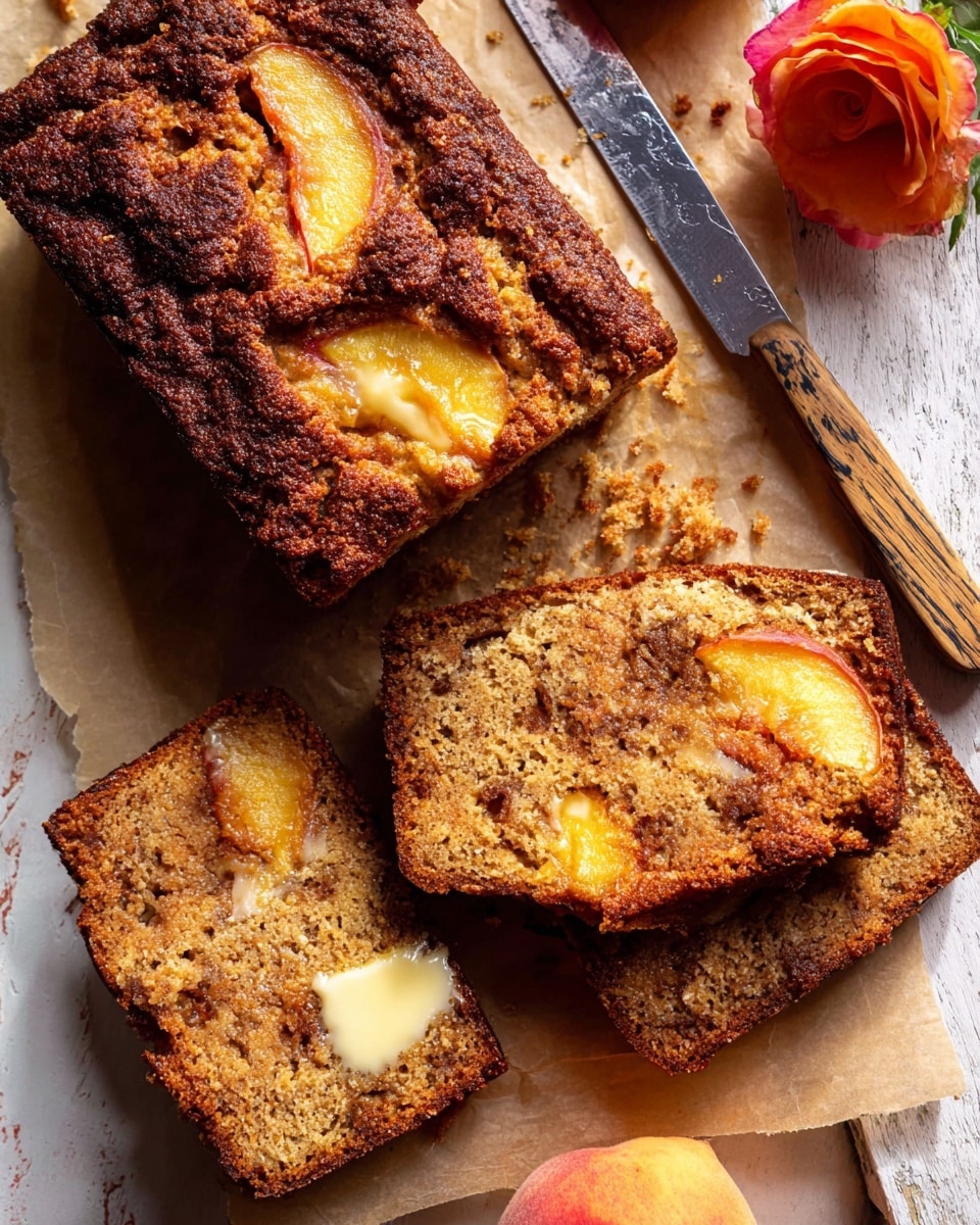 A thick loaf of peach bread is shown, with a rough, crumbly dark brown crust on top that has peach slices baked into it. Two slices are cut from the loaf, each showing a dense, moist interior with pieces of peach and a golden-brown color. One slice has a pat of melted yellow butter on it. Two smaller broken pieces are placed near the sliced bread, displaying a soft, crumbly texture with visible peach bits. The bread is on parchment paper with a large knife with a wooden handle beside it, and a peach and an orange rose are off to the top right. The setting is on a white marbled texture. photo taken with an iphone --ar 4:5 --v 7