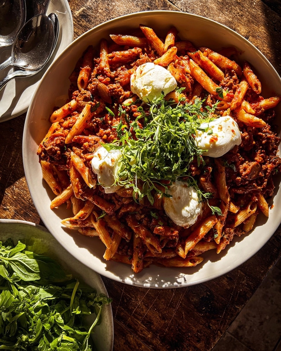 A large white bowl filled with penne pasta coated in a rich red tomato meat sauce, with visible chunks of ground meat mixed throughout. On top, there are three dollops of soft white cheese, each topped with fresh green herbs that add a pop of color and freshness. The pasta around the cheese looks saucy and slightly glossy, hinting at warmth and flavor. The bowl sits on a rustic wooden surface, next to another white plate holding fresh green leaves, with two metal spoons lying nearby. The lighting creates warm shadows and highlights on the food textures. photo taken with an iphone --ar 4:5 --v 7