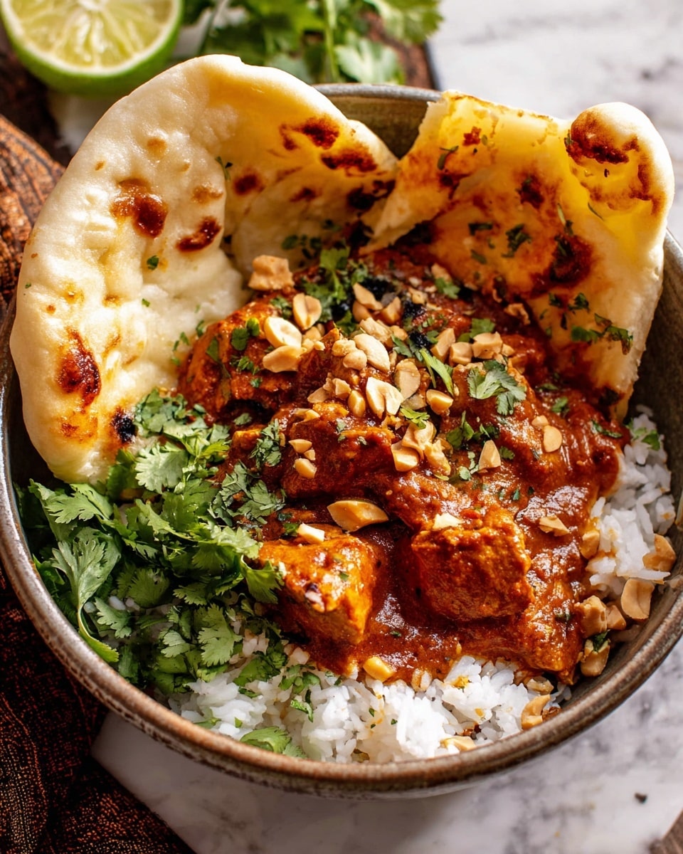 A bowl with three main layers: the bottom layer is fluffy white rice, the middle layer has chunks of chicken covered in thick reddish-brown curry sauce with a smooth texture, and the top layer is fresh green cilantro leaves scattered around. On top, there are crushed peanuts adding small light brown bits. Resting inside the bowl on the side are two pieces of soft white naan bread with golden-brown spots. In the background, half a lime with a green rind is visible. The bowl sits on a white marbled surface. Photo taken with an iphone --ar 4:5 --v 7
