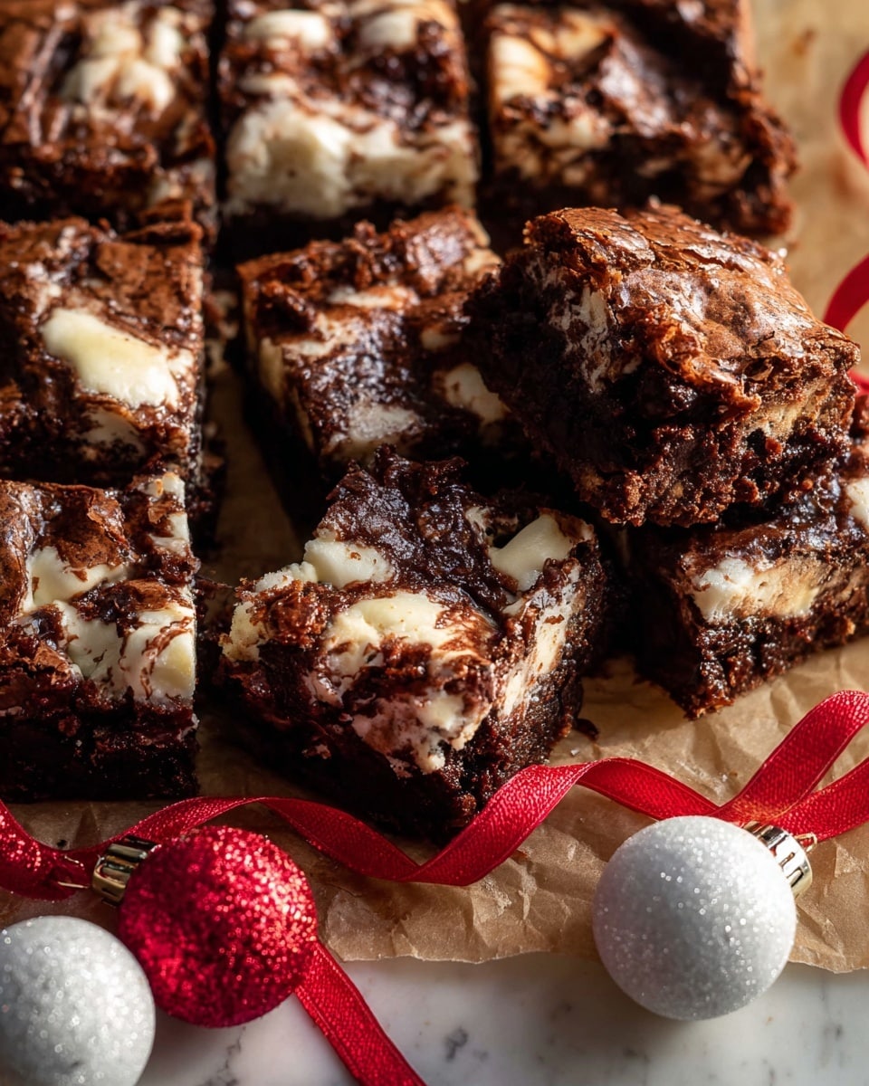 The image shows a batch of rocky, square-shaped brownies with a rich, dark brown color mixed with creamy, melted white marshmallow layers swirled unevenly on top and inside. The brownies are placed on parchment paper, and the texture looks gooey and soft with cracked surfaces. Bright red ribbon weaves around the brownies, adding a festive touch, and white Christmas ornaments with red glittery details are scattered nearby on a white marbled surface. The lighting highlights the rich chocolate and glossy marshmallow contrasts clearly, creating a warm, cozy feel. photo taken with an iphone --ar 4:5 --v 7