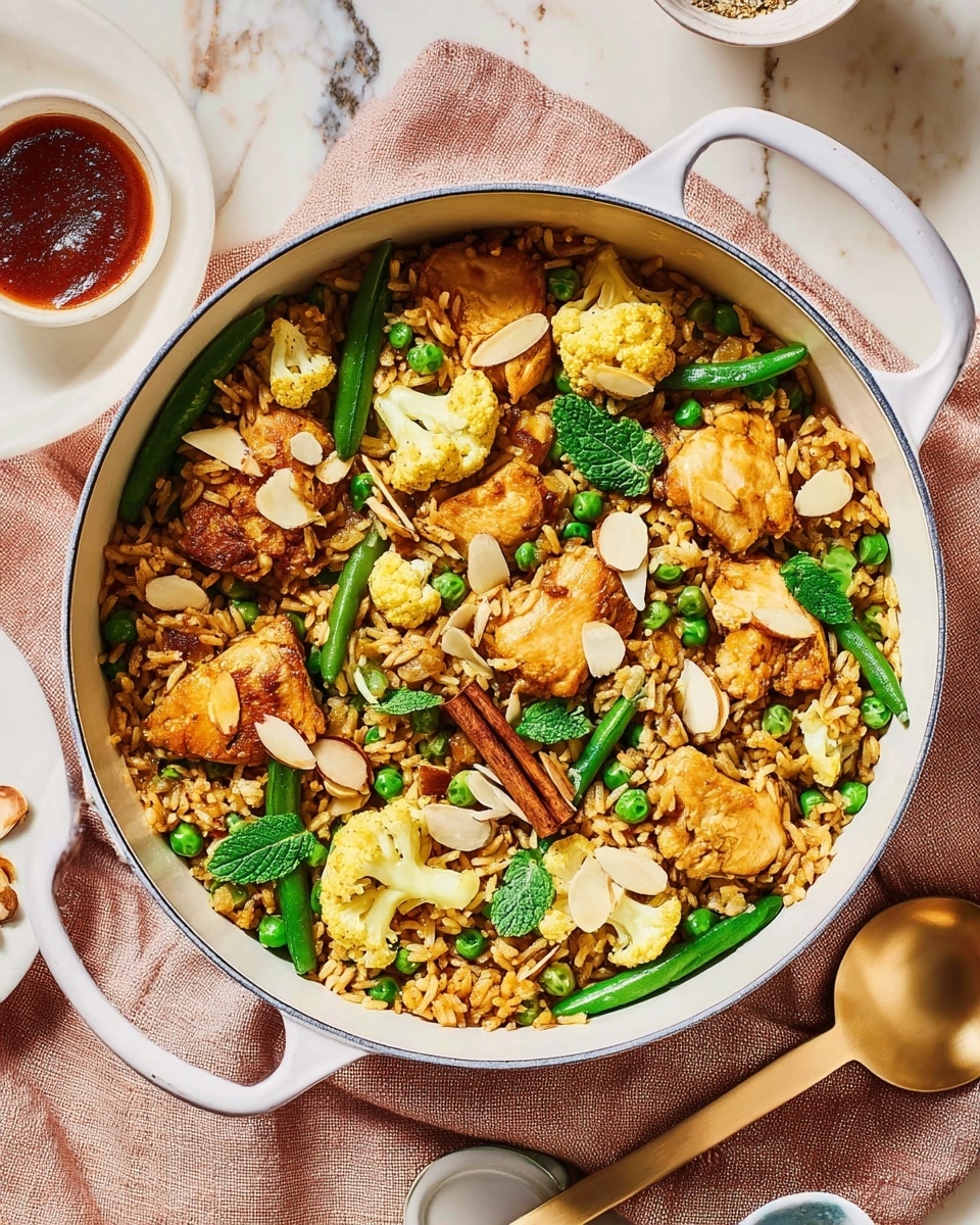 A white pot full of cooked rice mixed with green peas and green beans, topped with golden brown chicken pieces, light yellow cauliflower florets, and a few almond slices. There are some fresh green herb leaves sprinkled on top, and a visible brown cinnamon stick near the center. The pot is on a soft pink cloth on a white marbled surface with a white bowl and a small white dish containing red sauce beside it. photo taken with an iphone --ar 4:5 --v 7