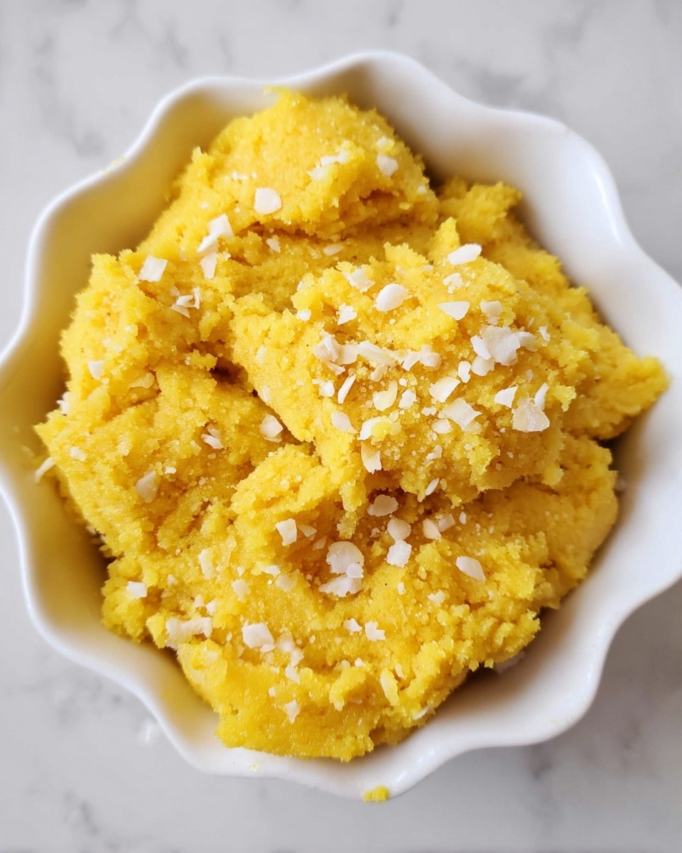 A close-up image of a bright yellow, crumbly dessert placed inside a white bowl with a scalloped edge. The dessert has a rough texture with uneven clumps of different sizes filling the bowl. Small white almond slivers are sprinkled lightly across the surface, adding a subtle contrast to the yellow. The bowl rests on a white marbled surface, giving a clean and simple background. photo taken with an iphone --ar 4:5 --v 7