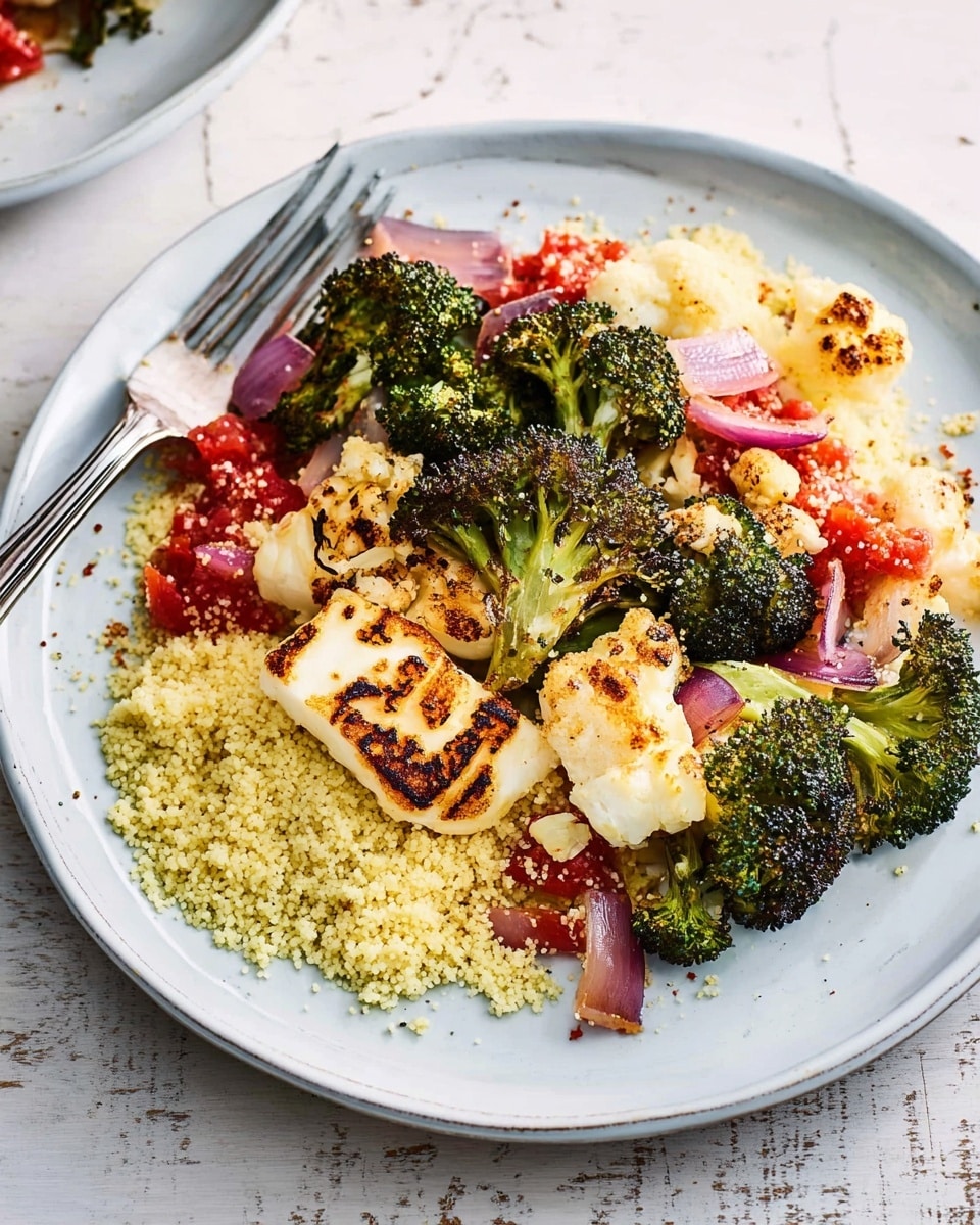 A white plate on a white marbled surface holds a colorful meal made of three main layers. The bottom layer is light yellow couscous spread half across the plate, rough in texture. On top of the couscous and partly beside it are grilled pieces of white halloumi cheese with brown char lines. Around and over the halloumi are green roasted broccoli and cauliflower florets with some char spots. Scattered diced red tomatoes and small pieces of purple onions add bright color to the center. A silver fork rests on the left side of the plate. Photo taken with an iphone --ar 4:5 --v 7