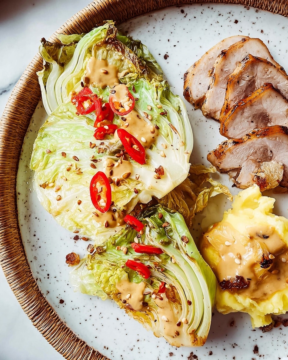 The dish shows a white speckled plate on a white marbled surface, holding several food items: on the left, there are 3 large leaves of light green cabbage layered and slightly charred, topped with thin red chili slices and small brown seeds scattered over; to the right, there are 3 slices of roasted meat colored light brown with a thick creamy light brown sauce on top; in the top right corner, there is a serving of mashed pale yellow potatoes with bits of roasted brown meat pieces nearby; the plate edge is visible with a woven wicker rim. photo taken with an iphone --ar 4:5 --v 7