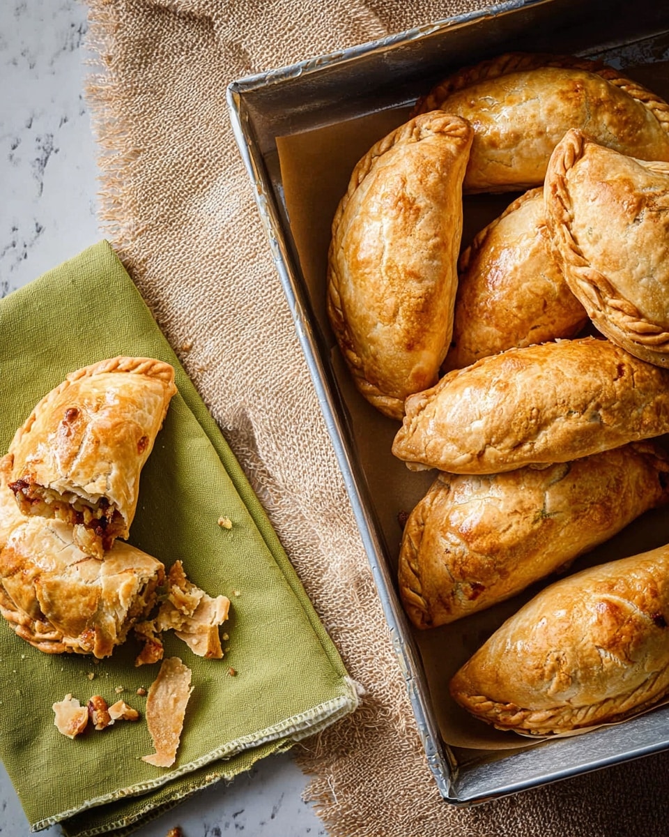 A metal tray filled with seven golden-brown pasties, each with a crimped edge and slightly cracked top showing some filling inside, sits on a white marbled surface covered partially by a rough textured beige cloth. Next to the tray, a half-eaten pasty rests on two layered olive green napkins, surrounded by flaky crumbs scattered around it. The pasties have a shiny, baked crust with some browned spots, giving a warm and homemade feel. Photo taken with an iphone --ar 4:5 --v 7
