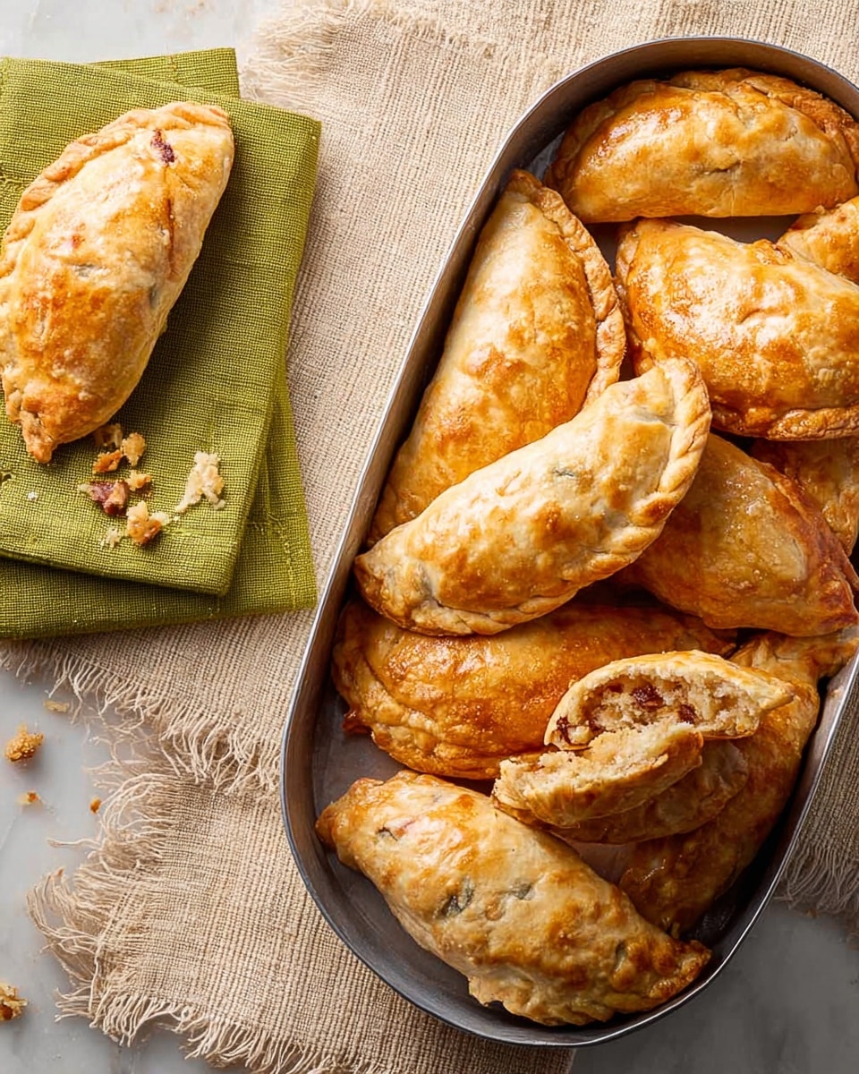 A metal tray filled with eight golden brown hand pies, each showing a flaky, slightly cracked crust with browned spots and gentle folds along the edges, sits on a white marbled textured surface partially covered by a textured beige cloth with frayed edges. To the left, two olive green napkins are stacked, holding one broken hand pie revealing a soft, slightly moist interior with light and darker brown tones and crumb pieces scattered around it. The whole scene suggests a warm, homemade feel with varied textures and earthy colors. Photo taken with an iphone --ar 4:5 --v 7