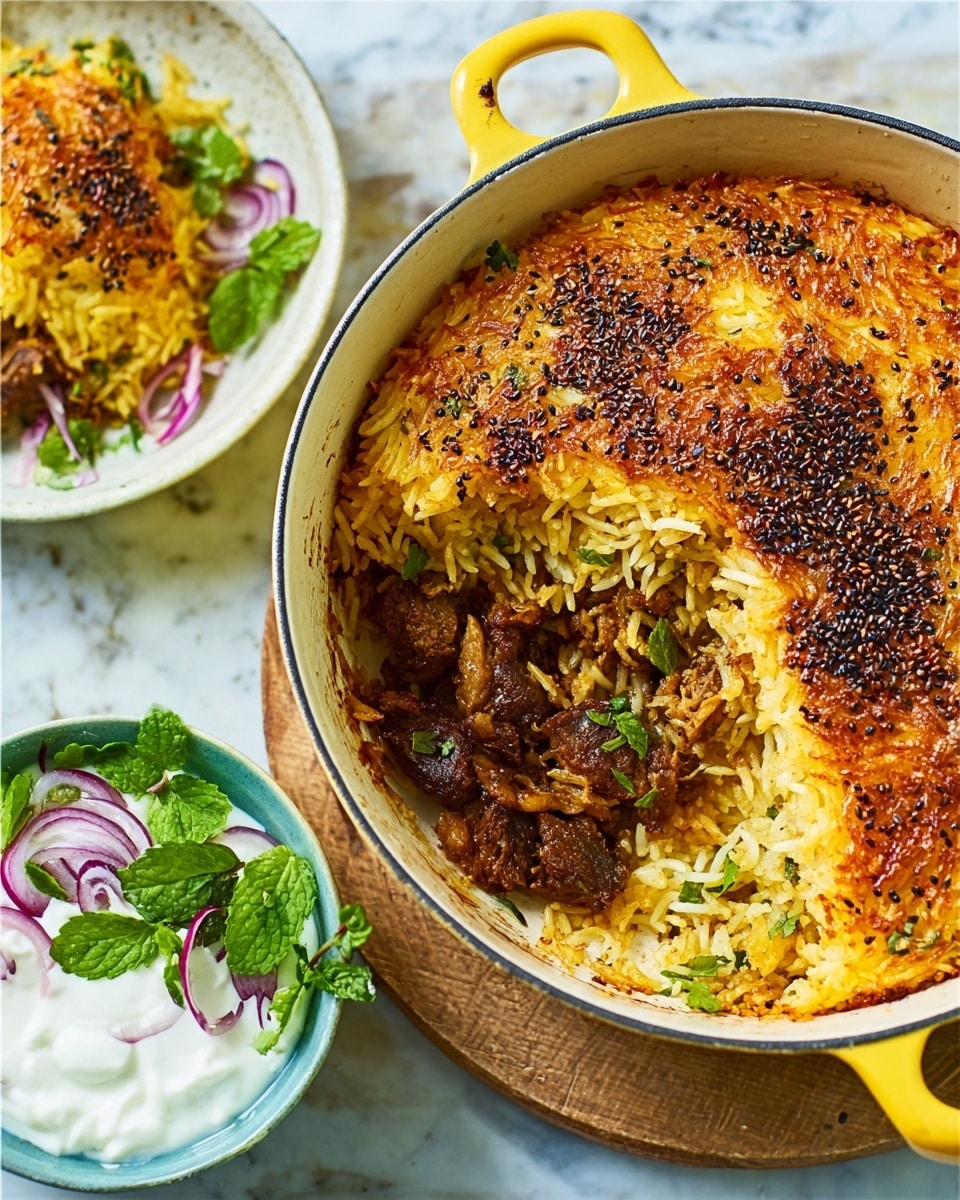A round white pot with a yellow handle holds a baked dish topped with a golden, crispy crust sprinkled with black seeds. Part of the crust is broken to show inside layers of spiced rice mixed with chunks of dark brown meat and some green herbs. Next to the pot on a wooden board is a small white bowl filled with white yogurt, fresh green leaves, and thin slices of red onion. In the background, on the white marbled surface, a small white plate with a serving of the rice and meat mixture is visible. Photo taken with an iphone --ar 4:5 --v 7