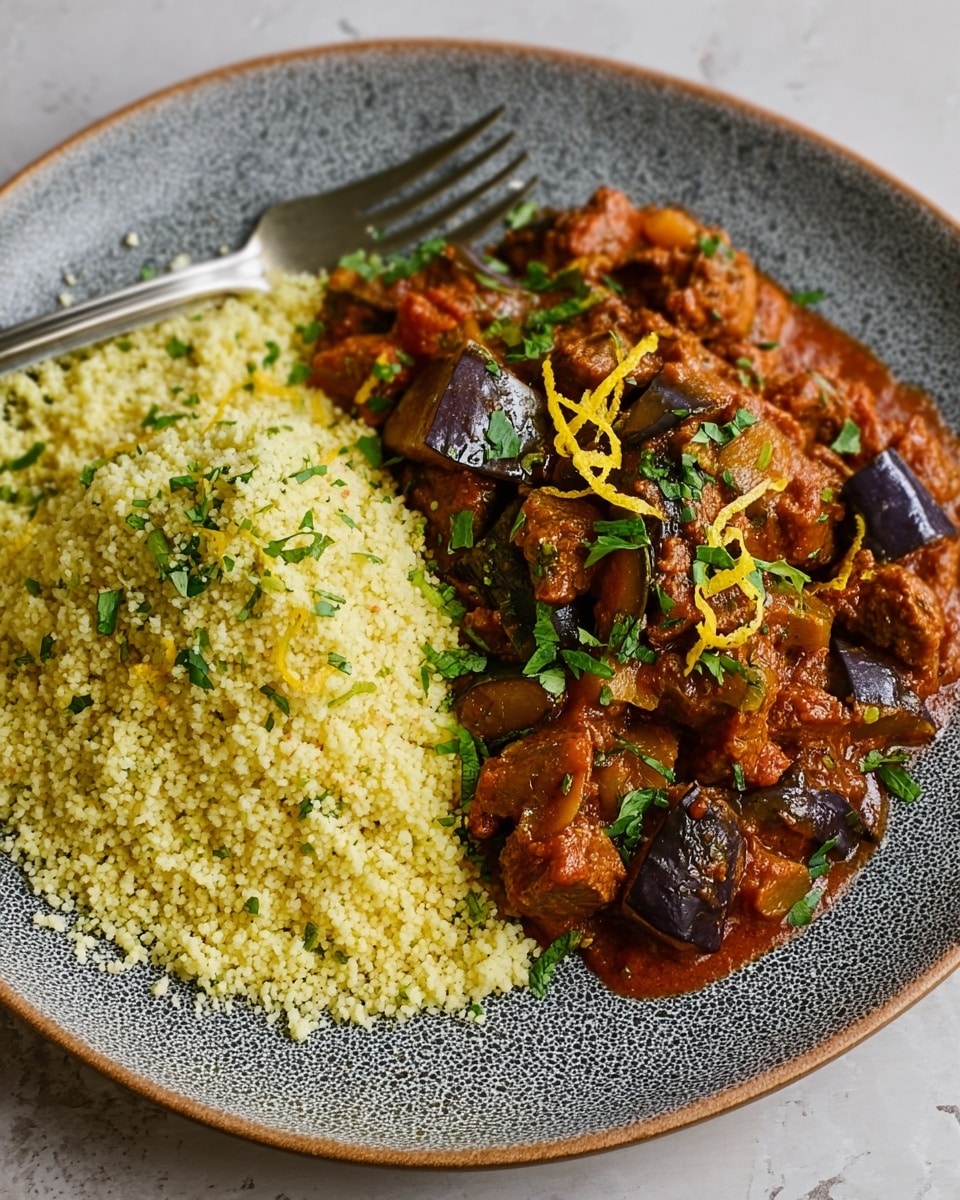 A gray speckled oval plate contains two main layers: on the left side, there is a fluffy, light yellow couscous with a soft texture filling half of the plate, and on the right side, a thick, dark reddish-brown stew with visible chunks of meat and slices of purple eggplant. The stew is garnished with chopped green herbs and thin yellow lemon zest strips scattered on top, both adding bright color. A silver fork rests on the top edge of the plate. The plate is placed on a white marbled textured surface. Photo taken with an iphone --ar 4:5 --v 7
