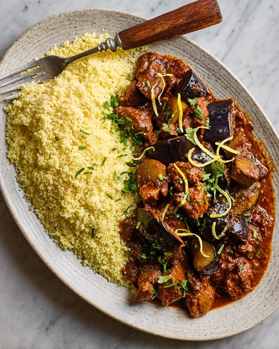 A white oval plate placed on a white marbled surface holds a meal divided into two main parts. On the left side, there is a large portion of pale yellow, fluffy couscous with a grainy texture. On the right side, there is a rich, dark brown curry made of chunks of meat and slices of eggplant covered in thick sauce. The curry is garnished with thin green herb leaves and a few strips of light yellow zest scattered on top. A silver fork with a wooden handle rests on the top edge of the plate. Photo taken with an iphone --ar 4:5 --v 7