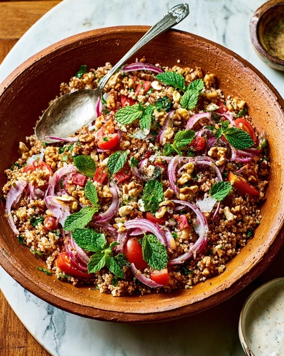 A large round brown ceramic bowl filled with a mixed dish showing several layers: a base of light brown bulgur wheat grains, scattered with pieces of red tomatoes, white chopped onions, pinkish thinly sliced red onions, and green mint leaves spread evenly on top, along with small chunks of white walnuts. A large silver spoon is resting inside the bowl on the left side. The bowl is placed on a white marbled table surface with a small white bowl containing a creamy dip seen in the bottom right corner. Photo taken with an iphone --ar 4:5 --v 7
