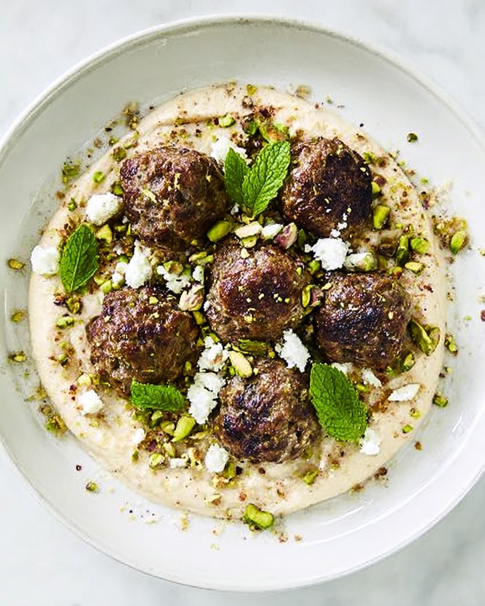 The dish is served on a white plate with a layer of smooth, light beige sauce spread in a circular pattern as the base. On top of this base, there are seven browned, roughly round meatballs arranged closely together in the center. Scattered around and on top of the meatballs are small green pistachio pieces and white cheese crumbles, adding texture and contrast. Fresh green mint leaves are placed sporadically over the meatballs and cheese, giving a fresh look. The setting is on a white marbled surface. photo taken with an iphone --ar 4:5 --v 7