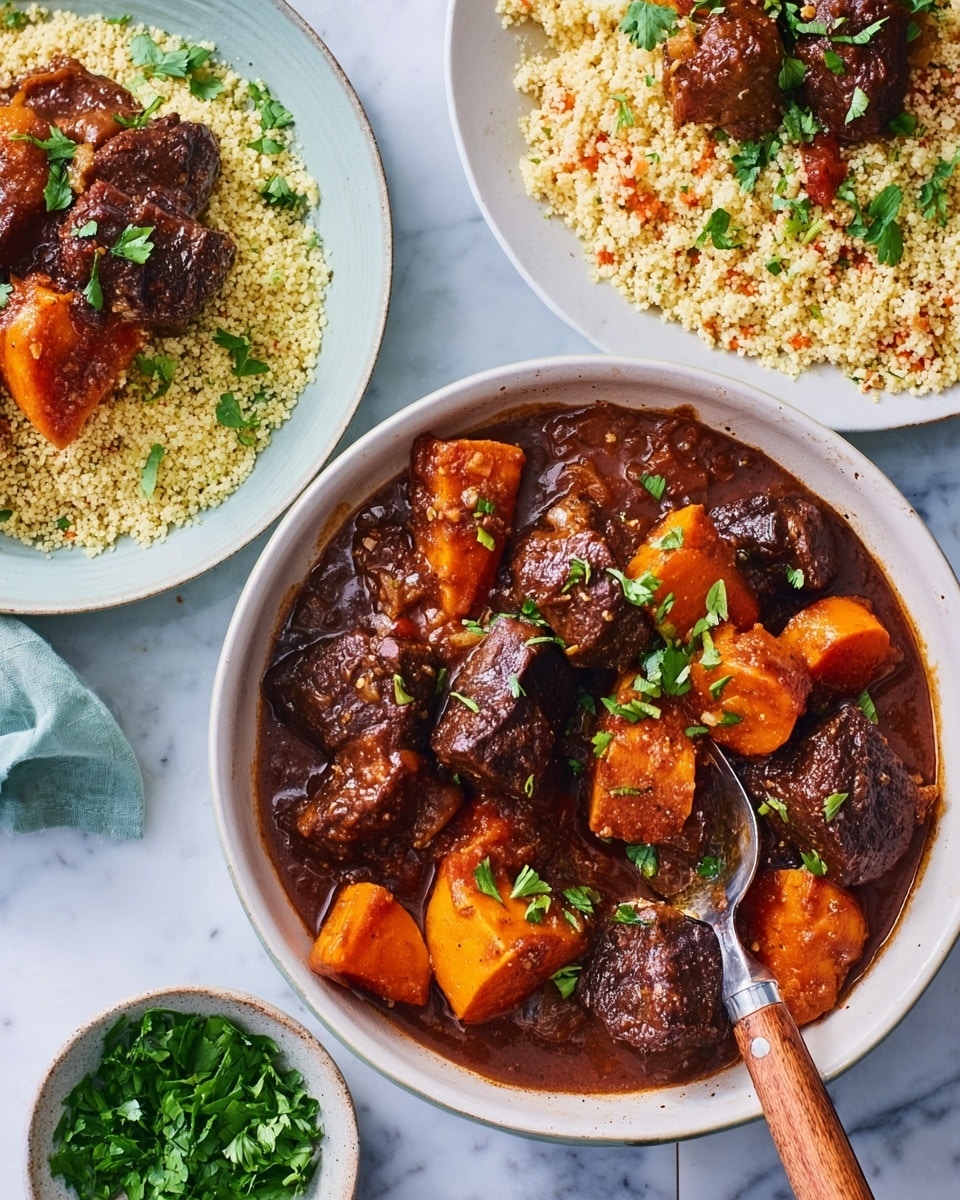 A white dish filled with thick, dark brown stew chunks and large pieces of orange carrots and sweet potatoes, all covered in a rich, glossy sauce. A fork with a wooden handle rests inside the dish, slightly lifted. To the right, a white bowl holds fluffy light-yellow couscous mixed with small bits of vegetables. Below, a white plate contains a serving of the stew over couscous, garnished with fresh green herbs. On the left side, a small white bowl is filled with bright green chopped herbs. The food is placed on a white marbled surface. Photo taken with an iphone --ar 4:5 --v 7