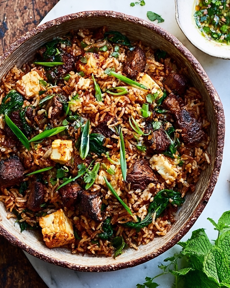A rustic deep round bowl filled with mixed rice that has a reddish-brown color, with visible pieces of cooked dark brown meat and chunks of light-colored tofu scattered throughout. Bright green spinach leaves and fresh green herbs are mixed inside, adding freshness. The dish is on a white marbled surface with a small white bowl of sauce with green bits in the background on the right and fresh green herbs on the lower right side. Photo taken with an iphone --ar 4:5 --v 7