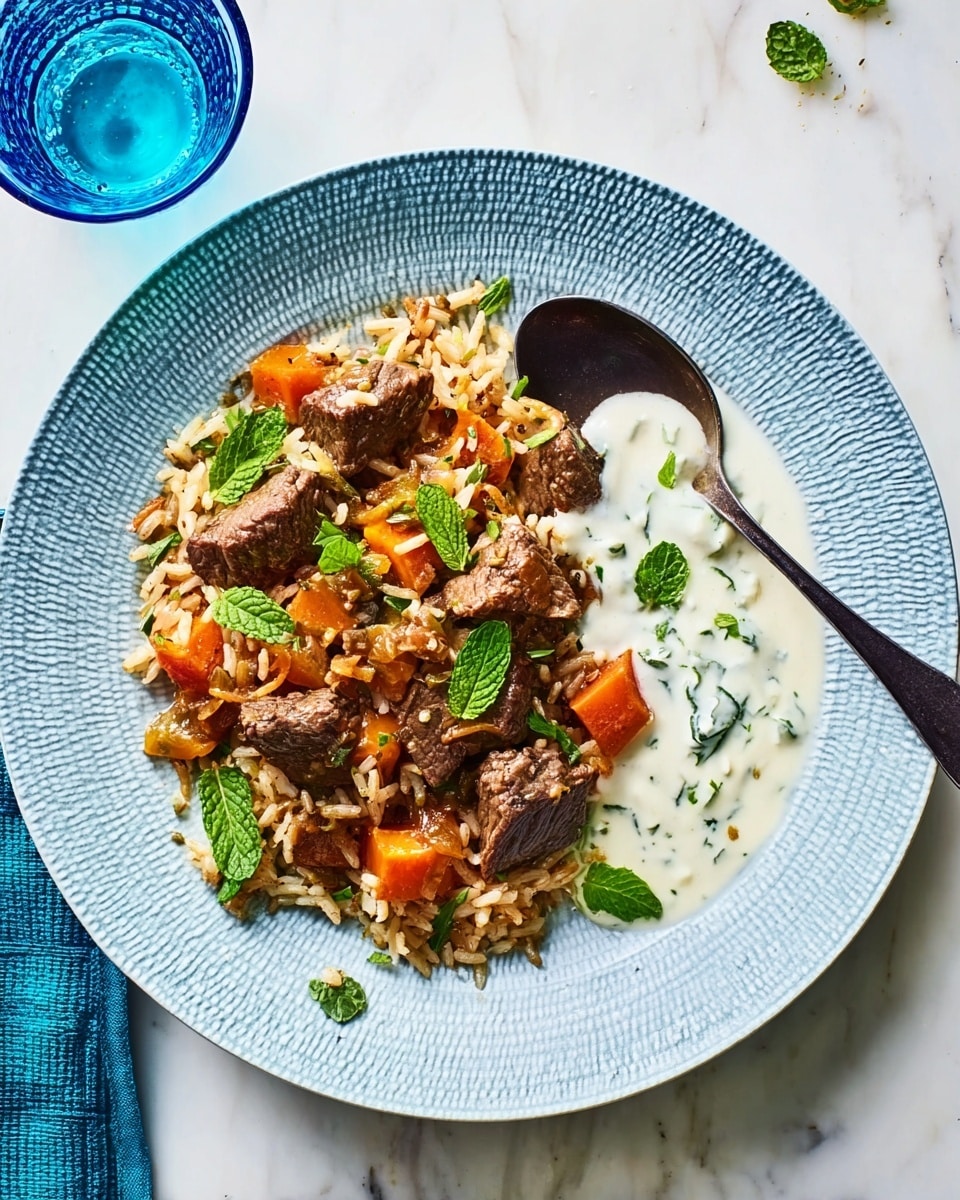 A white plate with a patterned rim holds a layered dish starting with a bed of brown rice mixed with chunks of orange sweet potato and tender pieces of brown cooked meat. On top, fresh green mint leaves are scattered for freshness. On one side of the plate, there is a dollop of white sauce with green herbs mixed in, adding a creamy texture. A dark spoon rests on the edge of the plate. The plate is set on a bright blue surface, with a small clear blue glass nearby. photo taken with an iphone --ar 4:5 --v 7