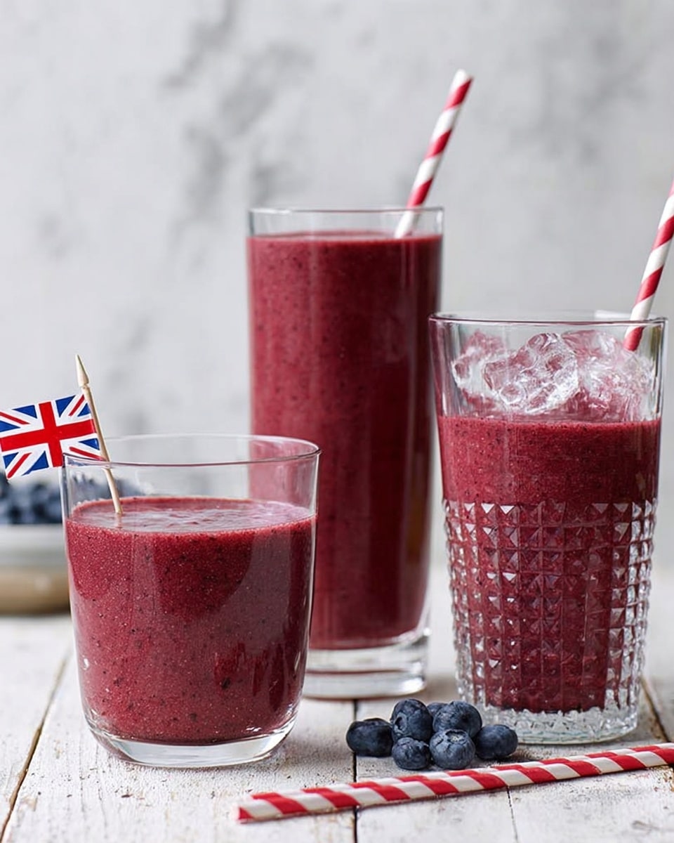 Three clear glasses filled with thick, deep reddish-purple smoothie, the front-left glass is medium sized and fully filled, the center glass is taller and also filled to the top, and the back-right glass is narrow and textured with ice inside, topped with a red and white striped straw. In front of the glasses lies a red and white striped paper straw and a few fresh blueberries scattered near a tiny British flag on a toothpick, all set on a white wooden surface against a white marbled texture background. Photo taken with an iphone --ar 4:5 --v 7