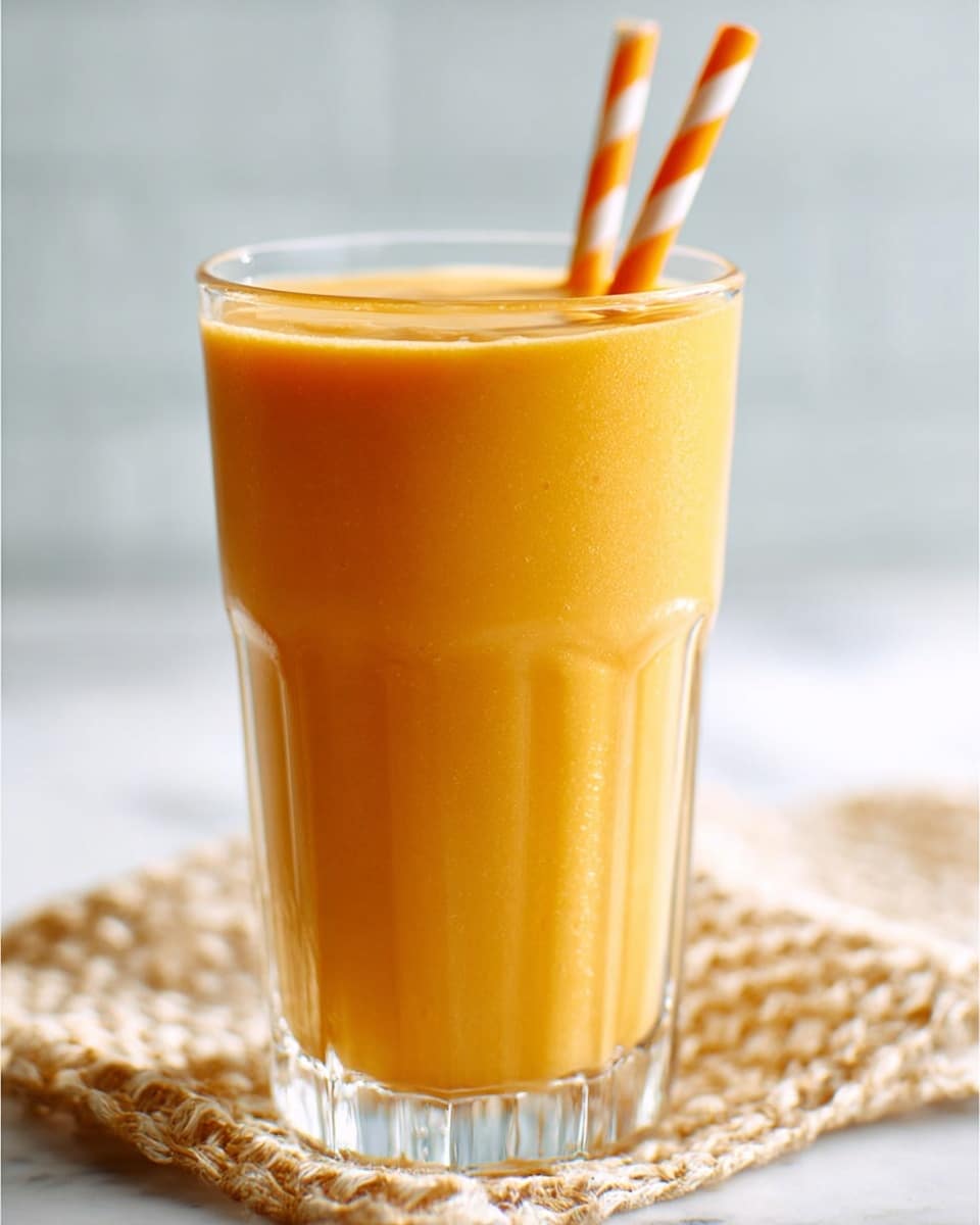 A tall clear glass filled with a smooth, thick orange smoothie, showing subtle swirling texture inside. Two striped straws, one orange and one white, stand upright from the glass. The glass sits on a white marbled surface with a woven beige cloth partially underneath it. The background is softly blurred, keeping focus on the drink. photo taken with an iphone --ar 4:5 --v 7