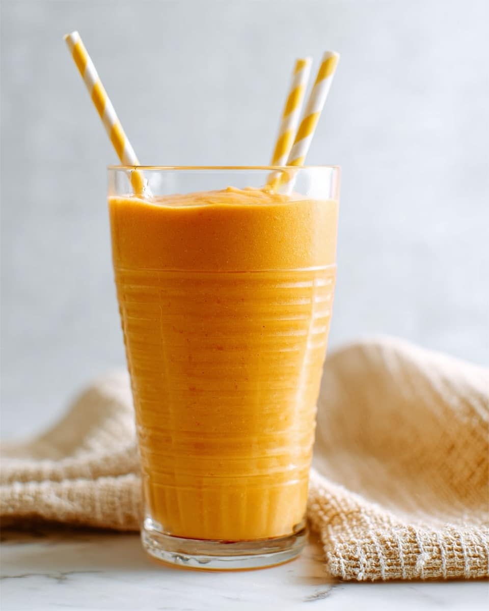 A clear glass filled with a thick, creamy orange smoothie that has a smooth texture. Two yellow and white striped straws are placed inside the glass, standing upright. The glass is set on a white marbled surface with a light beige textured cloth folded beside it. The background is soft and light, making the smoothie the main focus. photo taken with an iphone --ar 4:5 --v 7