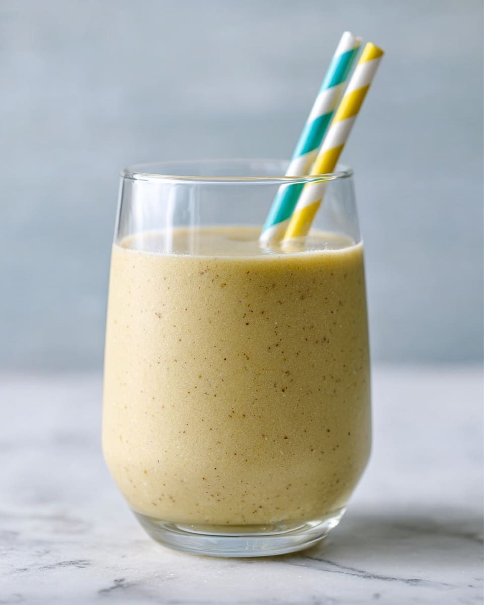 A clear glass filled with a thick, creamy smoothie of pale yellow color, with tiny dark specks evenly mixed inside. Two straws, one with teal stripes and the other with yellow stripes, are placed inside the glass, standing upright. The glass sits on a white marbled surface, with a soft and bright background that is out of focus. photo taken with an iphone --ar 4:5 --v 7