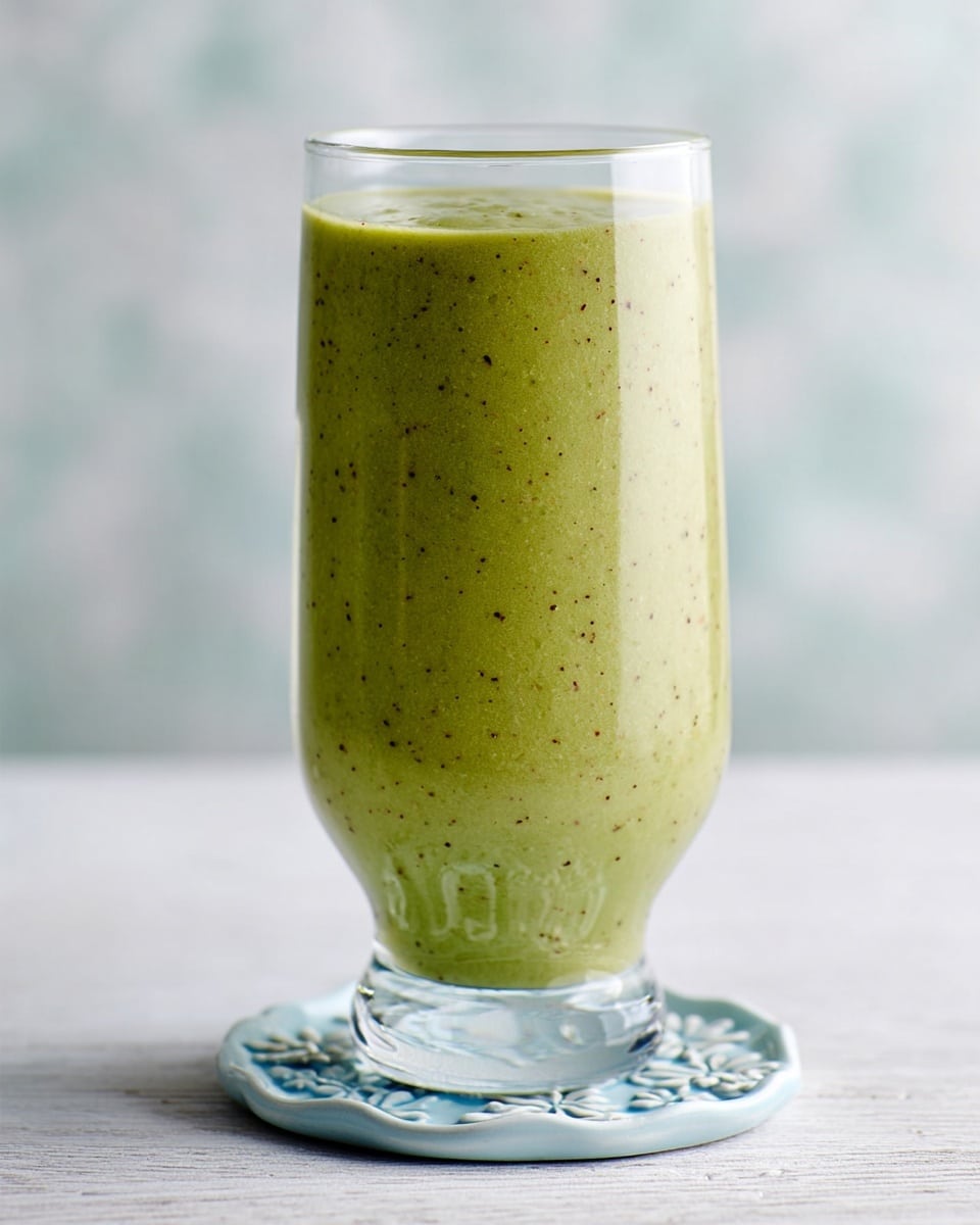 A tall, clear glass is filled with a smooth, green smoothie that has tiny dark green and brown specks throughout, showing a thick, creamy texture. The glass is narrow in the middle, creating a slight hourglass shape. It sits on a delicate, light blue coaster with white floral patterns placed on a white marbled surface, giving a fresh and clean look. The background is softly blurred, with pale colors that make the green smoothie stand out. photo taken with an iphone --ar 4:5 --v 7