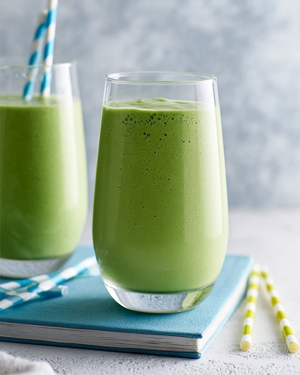 Two tall clear glasses filled with a smooth, bright green smoothie. The glass in front is full and shows a creamy texture with some small bubbles on top, while the glass behind is about half full with a blue and white striped straw inside. Both glasses are placed on a blue book which rests on a white marbled surface. Nearby, there are two striped straws, one blue and white and one yellow and white, lying on the surface. The background is softly blurred with a light tone, highlighting the smoothies. Photo taken with an iphone --ar 4:5 --v 7