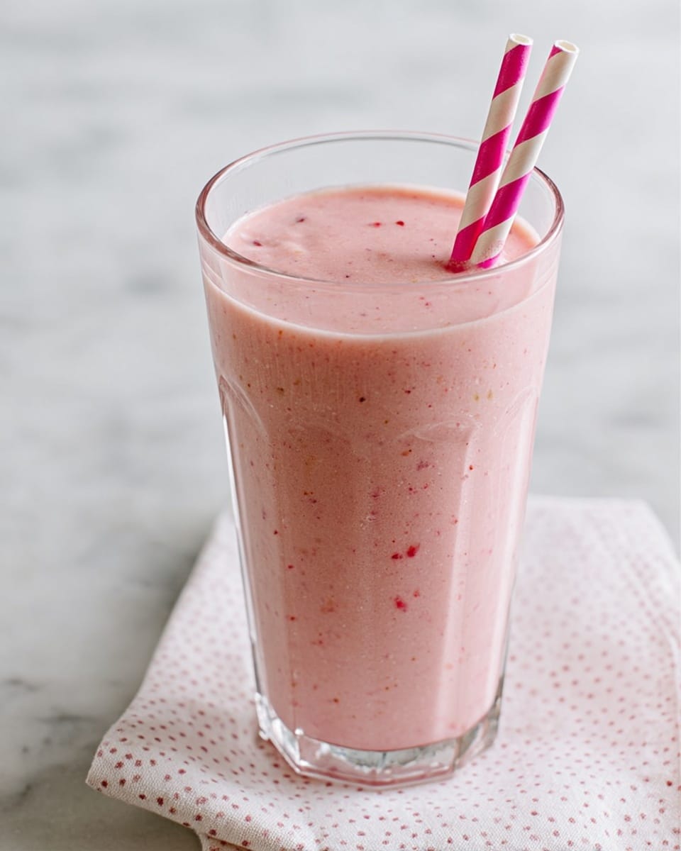 A tall clear glass filled with a pink smoothie that has tiny red and darker pink specks throughout, showing a creamy and thick texture. Two striped paper straws, one pink and white and the other white and pink, stick out from the top of the smoothie. The glass is placed on a white cloth with small black dots and the background is a white marbled surface. photo taken with an iphone --ar 4:5 --v 7