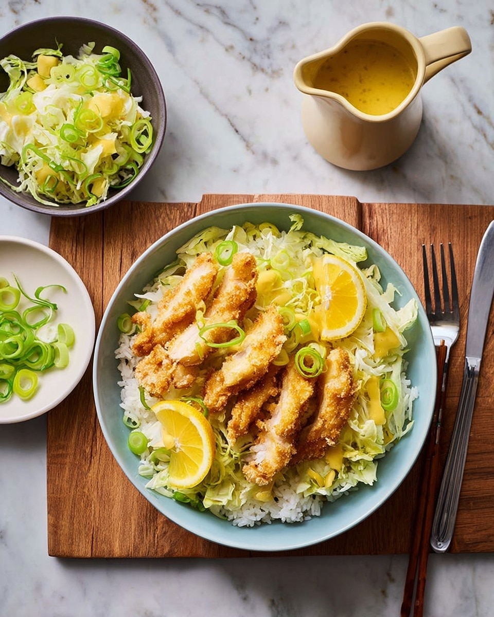 A light blue bowl is filled with a layer of white rice at the bottom, topped with a layer of shredded light green lettuce. On top of the lettuce sits several pieces of golden-brown fried chicken strips arranged neatly. Bright yellow lemon or orange wedges are scattered among the chicken, and thin slices of green onion are sprinkled all over the dish. To the left, a dark bowl holds extra shredded lettuce, and above it, a small white plate holds sliced green onions. The setting is on a wooden board placed on a white marbled surface, with a small beige pitcher filled with yellow sauce on the right side, next to a fork and chopsticks. photo taken with an iphone --ar 4:5 --v 7