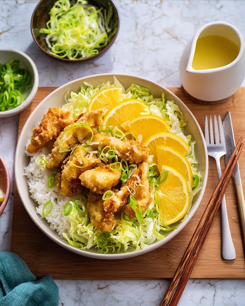 A white bowl filled with three main layers is shown on a white marbled texture with a wooden board beneath. The bottom layer is fluffy white rice, topped with thin shredded light green lettuce. The top layer features golden-brown fried chicken pieces arranged neatly with bright yellow-orange citrus wedges and scattered sliced green onions. Around the bowl, on the white marbled surface, there is a small white dish holding sliced green onions, a dark bowl with shredded lettuce, a white jug of yellow liquid, and a stainless fork next to a pair of wooden chopsticks. photo taken with an iphone --ar 4:5 --v 7