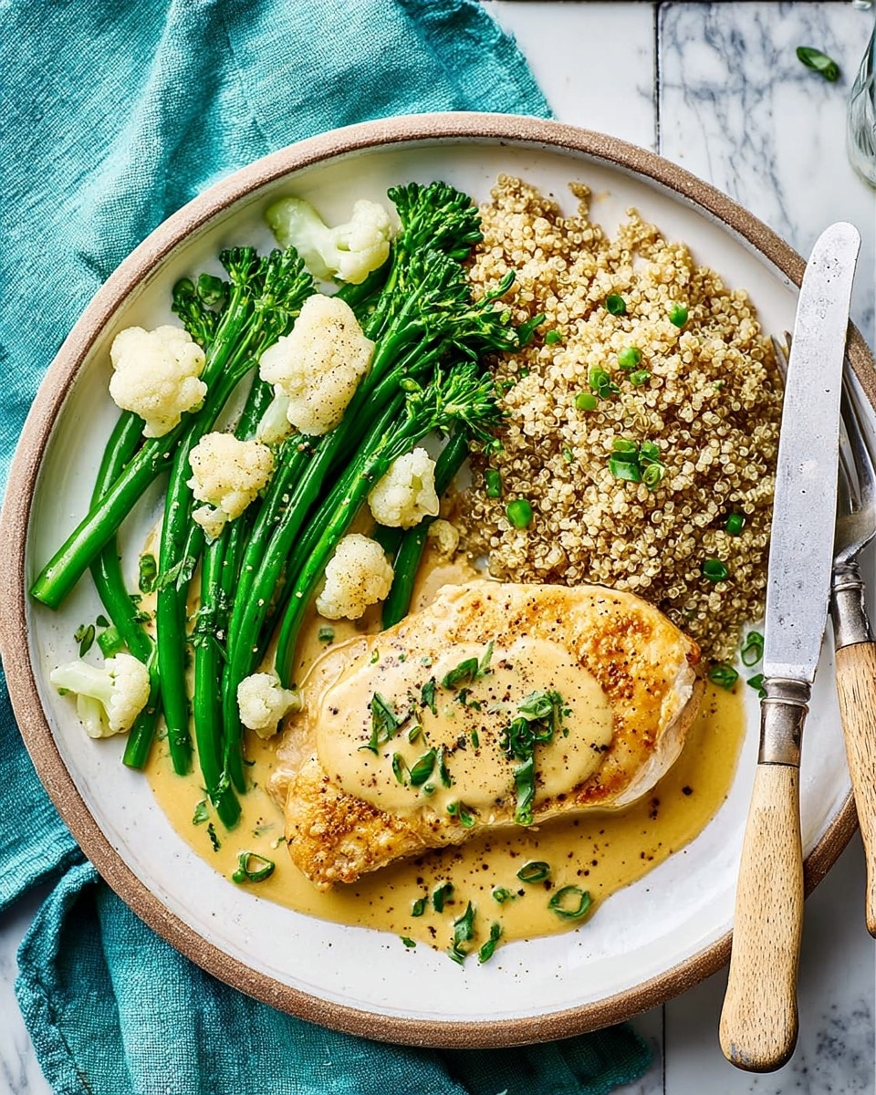 The dish shows a white round plate with a light brown rim, filled with three main parts: on the left side are green broccolini stems mixed with green beans and white cauliflower florets lightly seasoned with black pepper; on the right side, there is a serving of light brown quinoa mixed with small green herbs; in the center, a golden-brown pan-seared chicken breast sits on top of a creamy, pale yellow sauce with visible bits of onion, sprinkled with finely chopped green herbs; next to the plate, on the right side, lies a fork and a knife with light wooden handles placed on the plate edge; the plate is placed on a white marbled surface with a faint turquoise cloth partly visible on the left side. photo taken with an iphone --ar 4:5 --v 7