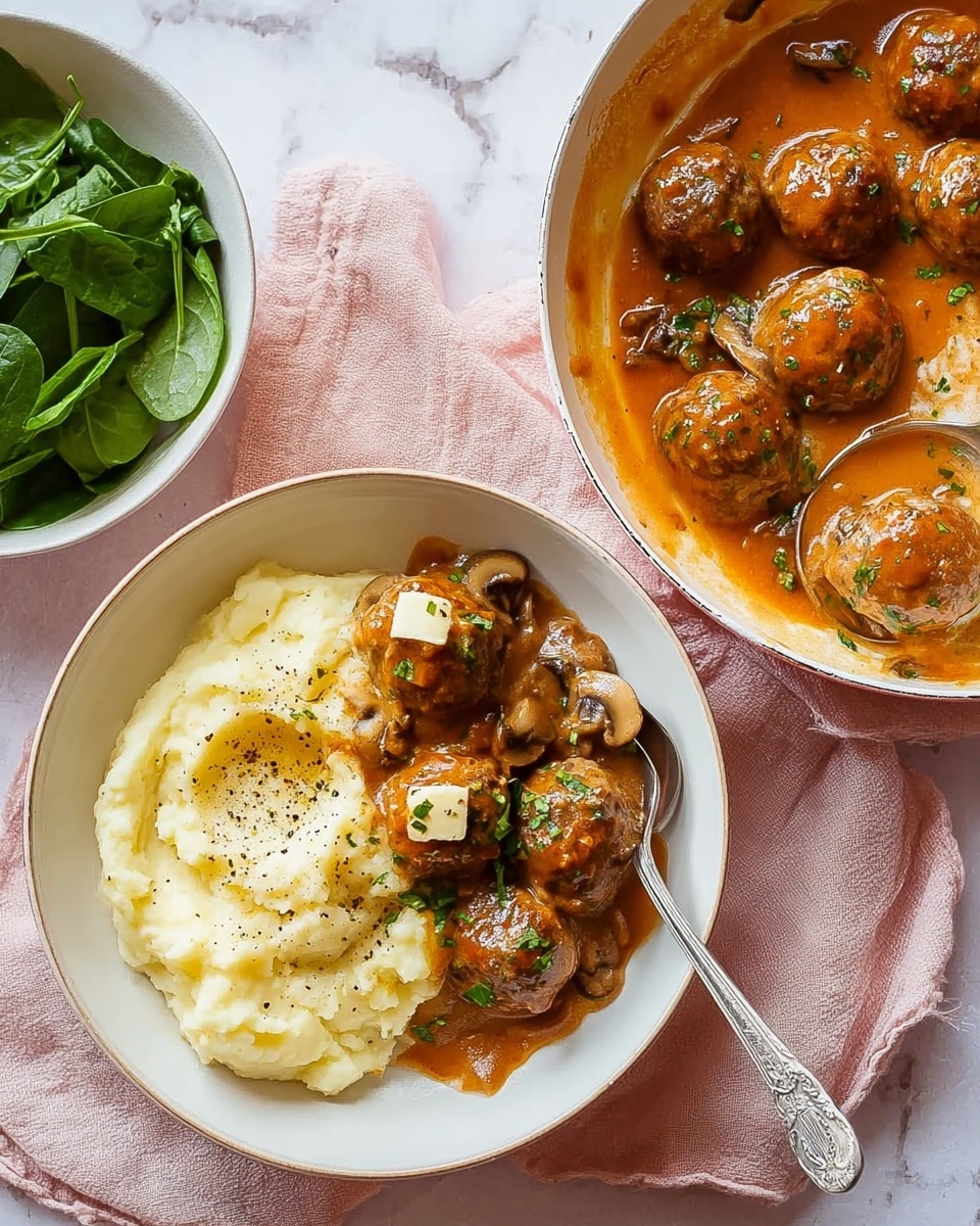 The image shows a white bowl with mashed potatoes on one side, creamy and slightly textured with small lumps and topped with a small pat of butter melting on top, seasoned with black pepper. Next to the mashed potatoes in the bowl are three brown meatballs covered with a thick, reddish-brown mushroom sauce containing sliced mushrooms and garnished with chopped green herbs. Beside it, there is a white pan filled with several meatballs in the same sauce, with a metal spoon resting inside the pan, coated with the sauce. At the top left, a white bowl holds fresh green spinach leaves, all placed on a soft pink cloth over a white marbled surface. photo taken with an iphone --ar 4:5 --v 7