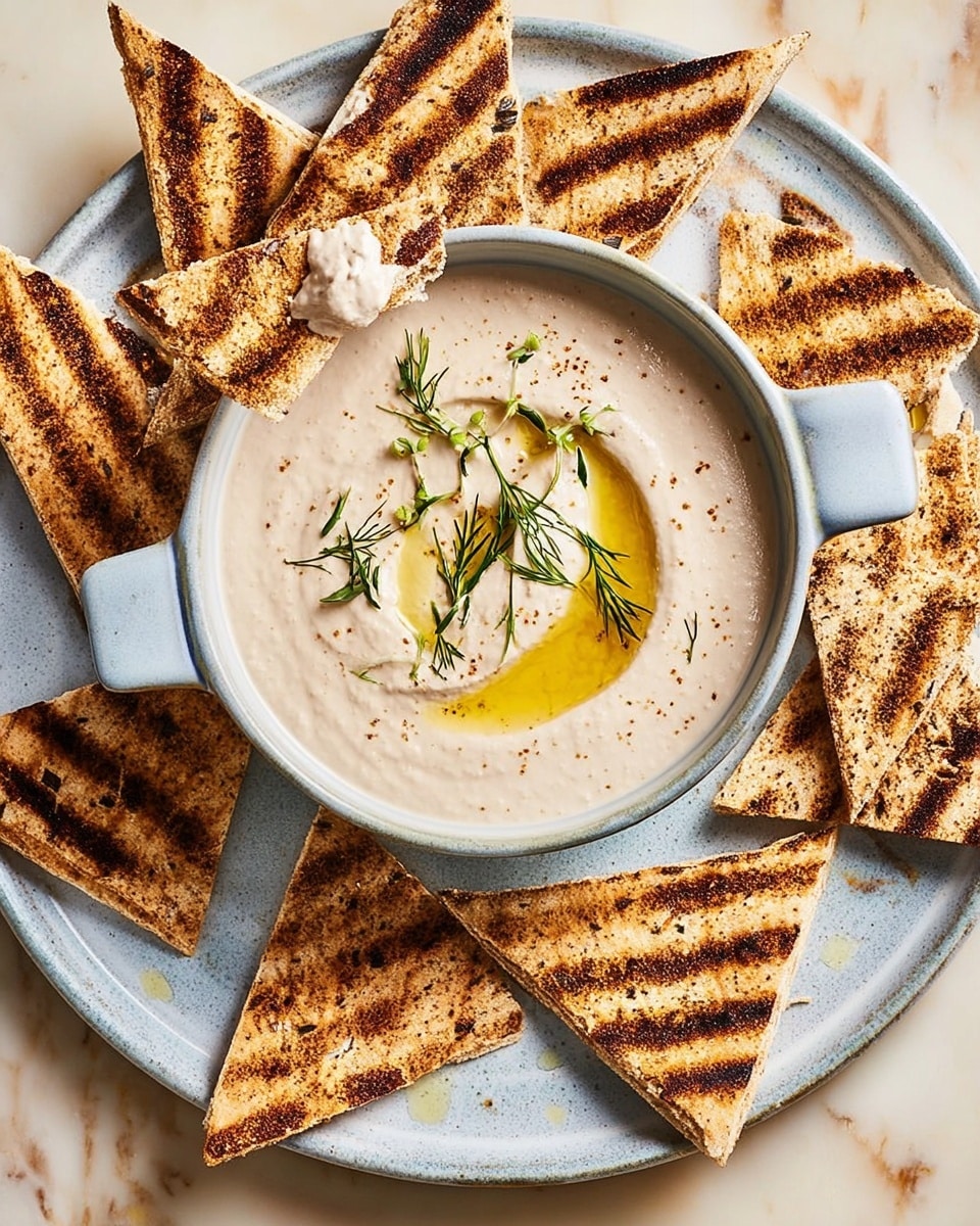 A light beige creamy dip with a smooth texture is served in a round bowl with a handle, placed in the center of a white plate with a subtle blue tint. The dip is garnished with fresh green herb sprigs and a drizzle of golden olive oil on top. Surrounding the bowl are several triangular grilled flatbreads, each with dark grill marks and a rough texture, spread evenly around the plate. One flatbread triangle is dipped slightly into the creamy mixture. The dish rests on a white marbled surface. photo taken with an iphone --ar 4:5 --v 7