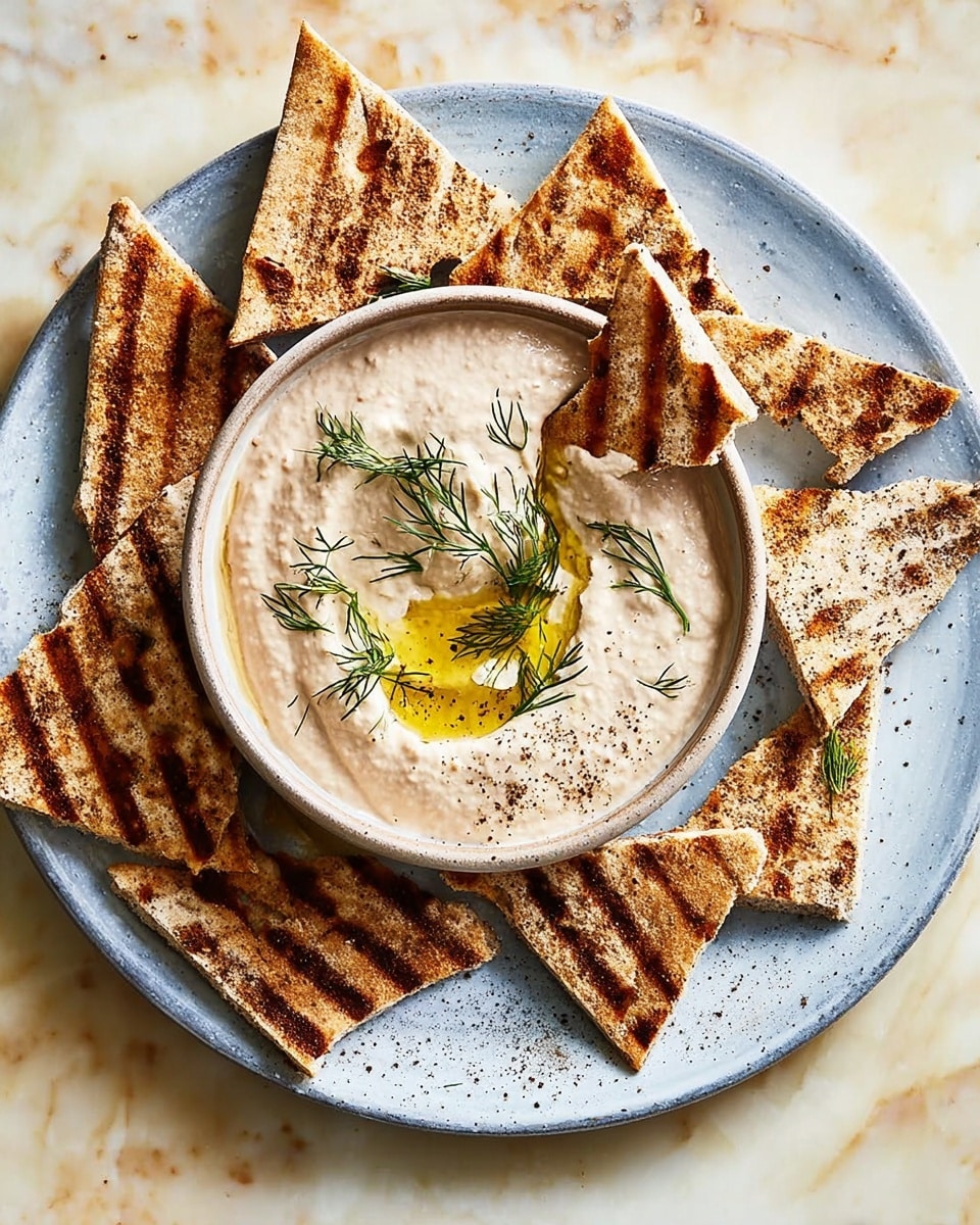 A round plate with a white color and subtle blue tones contains a light brown bowl filled with a smooth beige dip. The dip is topped with green dill sprigs and a drizzle of golden olive oil, with a sprinkle of black pepper. Surrounding the bowl are several triangular grilled pita chips, showing dark grill marks and a slightly crispy texture. One pita chip is partially dipped into the bowl. The plate sits on a white marbled surface. photo taken with an iphone --ar 4:5 --v 7