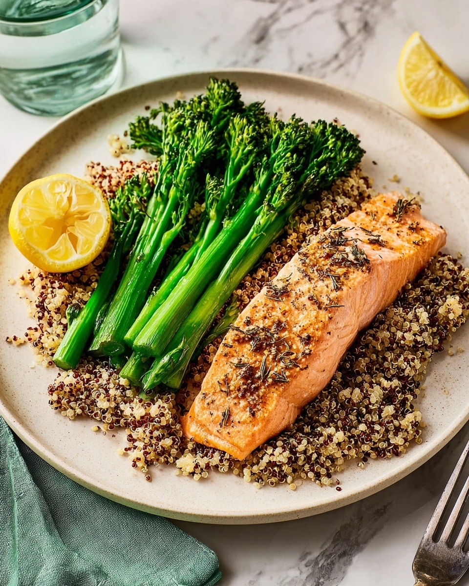 A white plate holds three main layers: a base layer of light brown and beige quinoa mixed with some darker grains spread across the bottom, a middle layer of bright green broccolini stalks arranged side by side on top of the quinoa, and a top layer of a pinkish-orange cooked salmon fillet with visible herbs and grill marks placed on the right side resting partly on the quinoa. A small yellow lemon wedge leans on the left side of the quinoa. The plate sits on a white marbled surface with a green napkin and a fork nearby, and a glass of water is slightly visible in the background. Photo taken with an iphone --ar 4:5 --v 7