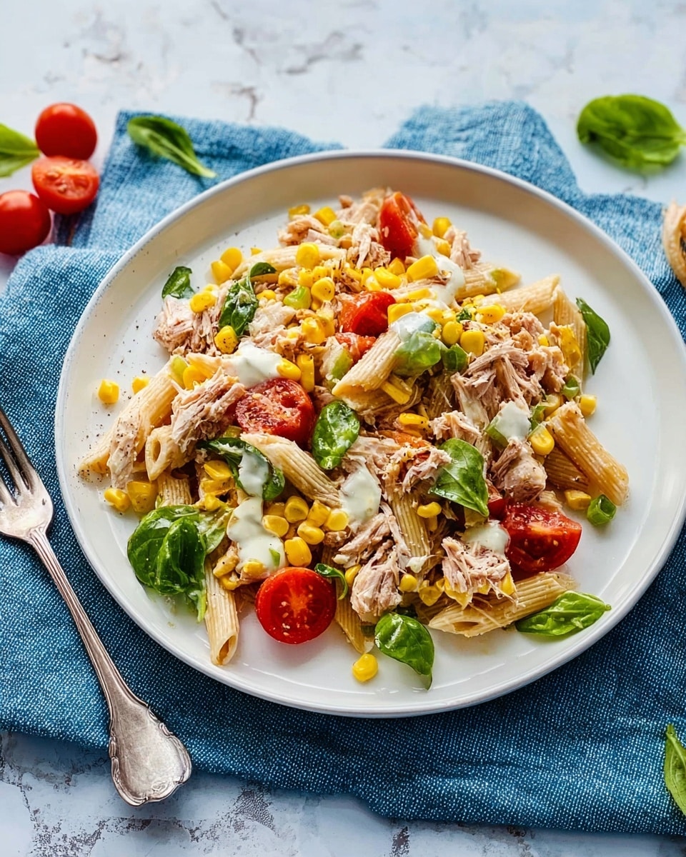A white plate holds a colorful tuna pasta salad resting on a blue cloth over a white marbled surface. The dish has a base layer of penne pasta, light beige with a slightly rough texture. Mixed within are chunks of light pink tuna and bright yellow corn kernels, scattered evenly. Red cherry tomatoes add a juicy pop of color, some halved to reveal their inside. There are fresh green leaves scattered on top and around the salad. A creamy white dressing is lightly drizzled over everything, and a silver fork rests on the left side of the plate. Photo taken with an iphone --ar 4:5 --v 7