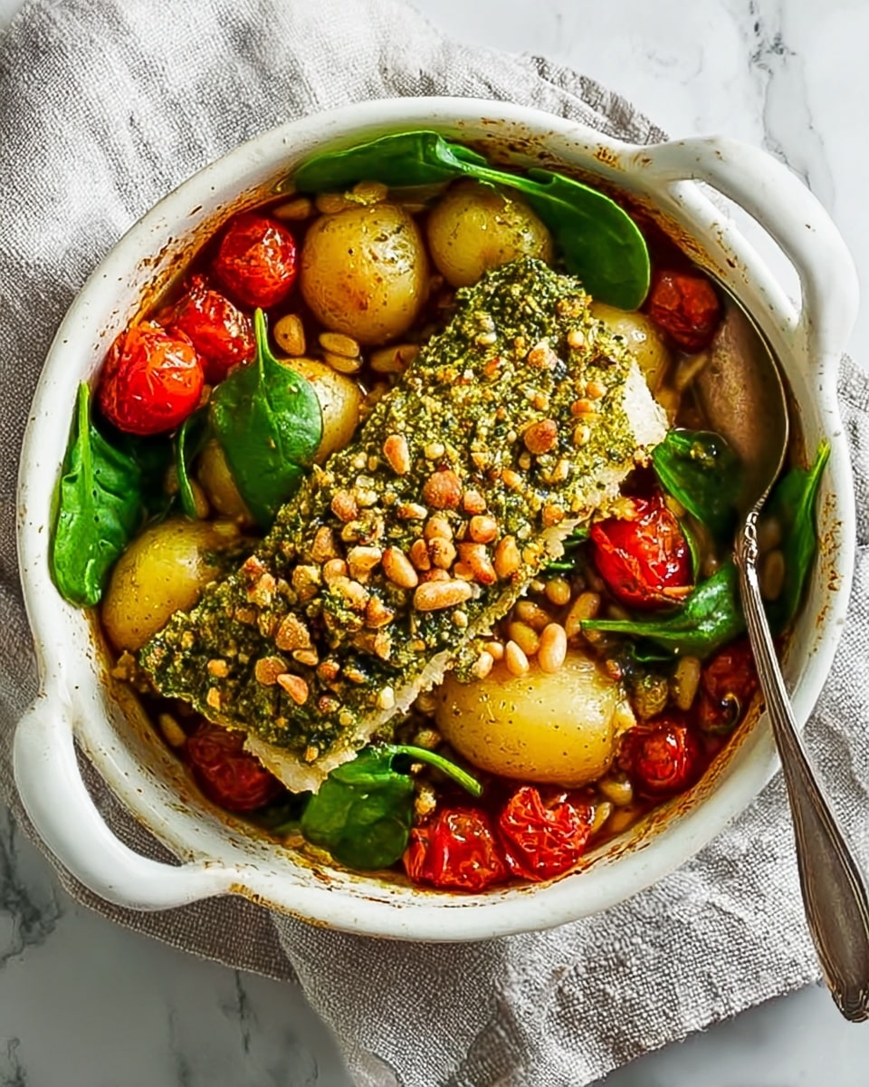 The image shows a white round bowl with two handles, placed on a white marbled surface with a grey and white linen cloth underneath. Inside the bowl, the bottom layer is a mix of roasted yellow potatoes and halved red cherry tomatoes, scattered evenly. On top of this, a large piece of fish is covered with a green herb crust and toasted pine nuts, giving it a rough texture with small browned spots. Around the fish, fresh spinach leaves add a bright green color, and more pine nuts are sprinkled over everything. A silver spoon is placed to the right of the bowl, resting on the marbled surface. Photo taken with an iphone --ar 4:5 --v 7