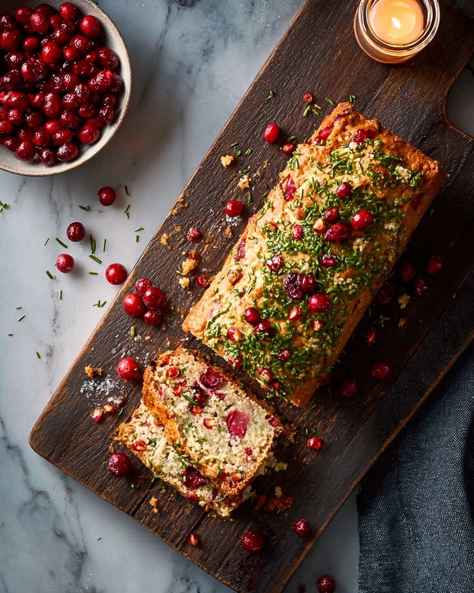 A toasted rectangular loaf is topped with chopped green herbs and whole red berries, resting on a dark wooden cutting board set on a white marbled surface. The loaf is sliced partially, showing its soft, light brown inside with more red berries and bits of topping scattered around. To the upper left of the board, there is a small white bowl filled with whole red berries, and a candle with a flame nearby adding a warm glow. The overall scene has a cozy, rustic feel. Photo taken with an iphone --ar 4:5 --v 7