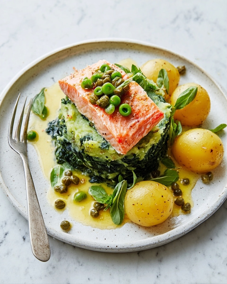A white plate on a white marbled surface holds a dish with four layers. The bottom layer is dark green cooked greens spread flat as a base. Above it is a thick, mashed green layer with a creamy texture. On top of the mash sits a pink cooked salmon fillet with a slightly crisp edge. The salmon is topped with small green beans and a drizzle of light yellow sauce, which also surrounds the layers slightly on the plate. On the right side of the plate, there are three whole yellow potatoes. Some fresh green leaves and small capers are scattered over the dish. A metal fork rests near the plate. photo taken with an iphone --ar 4:5 --v 7