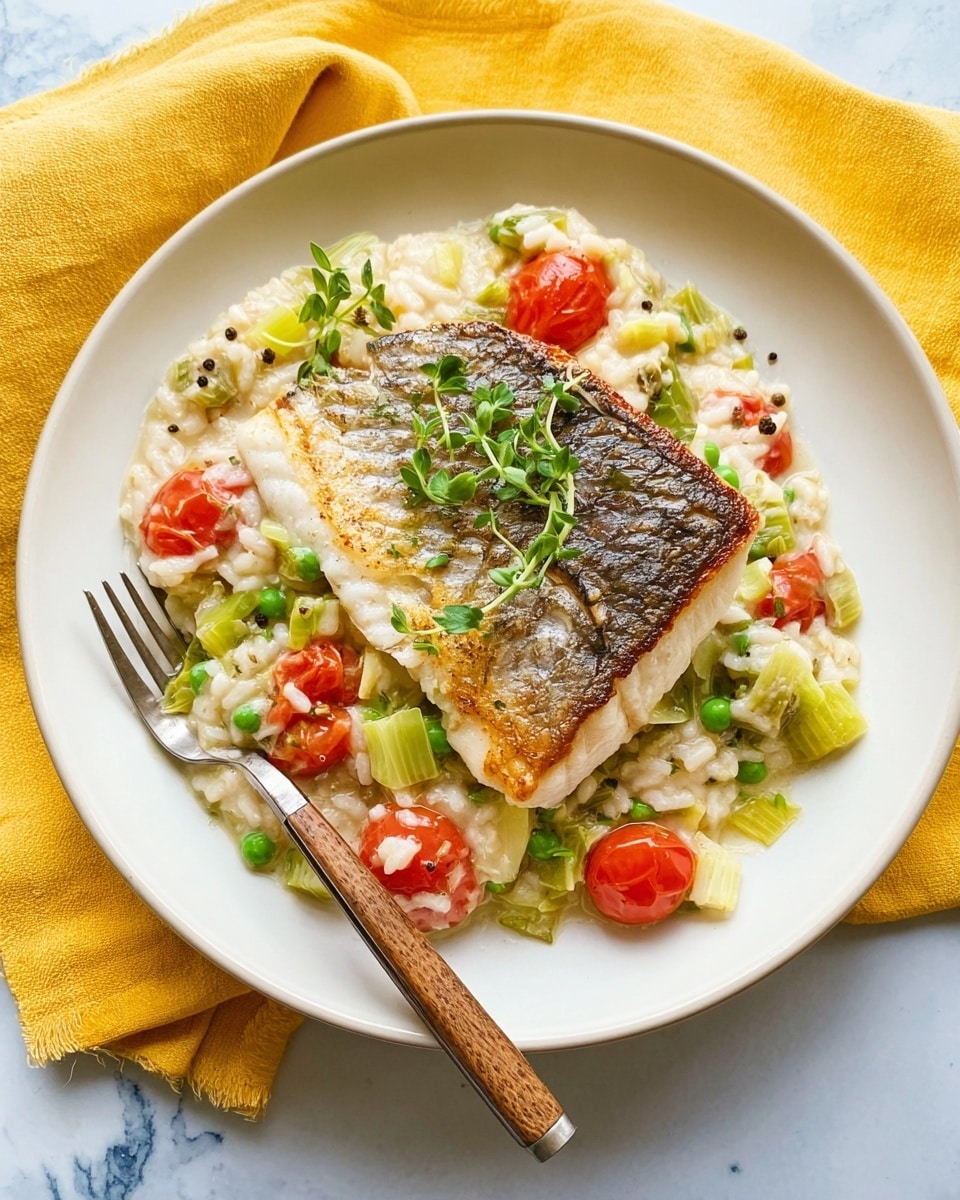 A white plate holds a meal with three layers: the bottom layer is a creamy risotto mixed with pale green pieces of leek, small red cherry tomatoes, and soft textured grains, scattered evenly across the plate. On top of this layer sits a thick, juicy piece of pan-seared fish with a golden, crispy skin, garnished with small sprigs of fresh green herbs and a few whole black peppercorns. To the side of the plate, there is a silver fork with a wooden handle resting on the white marbled surface, which is covered partially by a bright yellow cloth. Photo taken with an iphone --ar 4:5 --v 7
