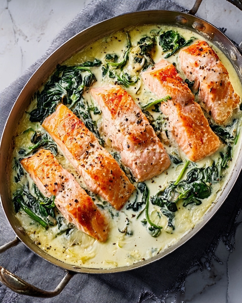 The dish is shown in an oval metal pan placed on a grey cloth over a white marbled surface. It has five pink-orange cooked salmon pieces laid on top of a creamy white sauce mixed with green cooked spinach. The creamy sauce is spread evenly across the pan’s bottom, with spinach parts visible mainly around the edges. The salmon pieces are slightly browned on top, and a few black pepper specks are scattered over the dish. The texture looks soft and creamy with a mix of smooth sauce and tender fish. Photo taken with an iphone --ar 4:5 --v 7