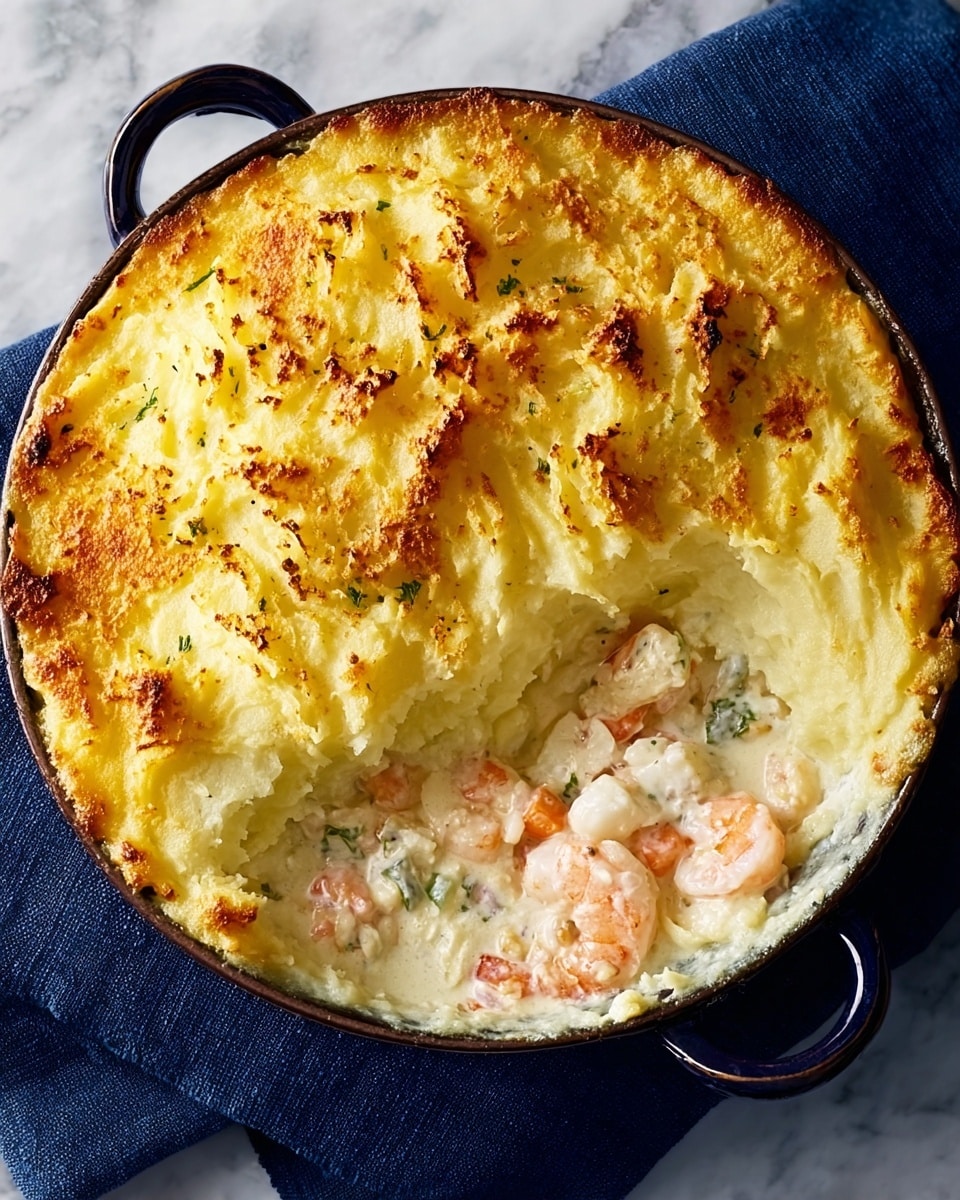 A round black baking dish with two small handles holds a layered seafood casserole. The top layer is golden brown and crunchy mashed potatoes, unevenly spread with some crisped edges. A scoop has been taken out from one side, showing the creamy seafood filling below. This filling has visible shrimp, chunks of white fish, and a rich, white sauce mixed with small pieces of vegetables. The dish sits on a white marbled surface with a dark blue cloth partially visible underneath. Photo taken with an iphone --ar 4:5 --v 7