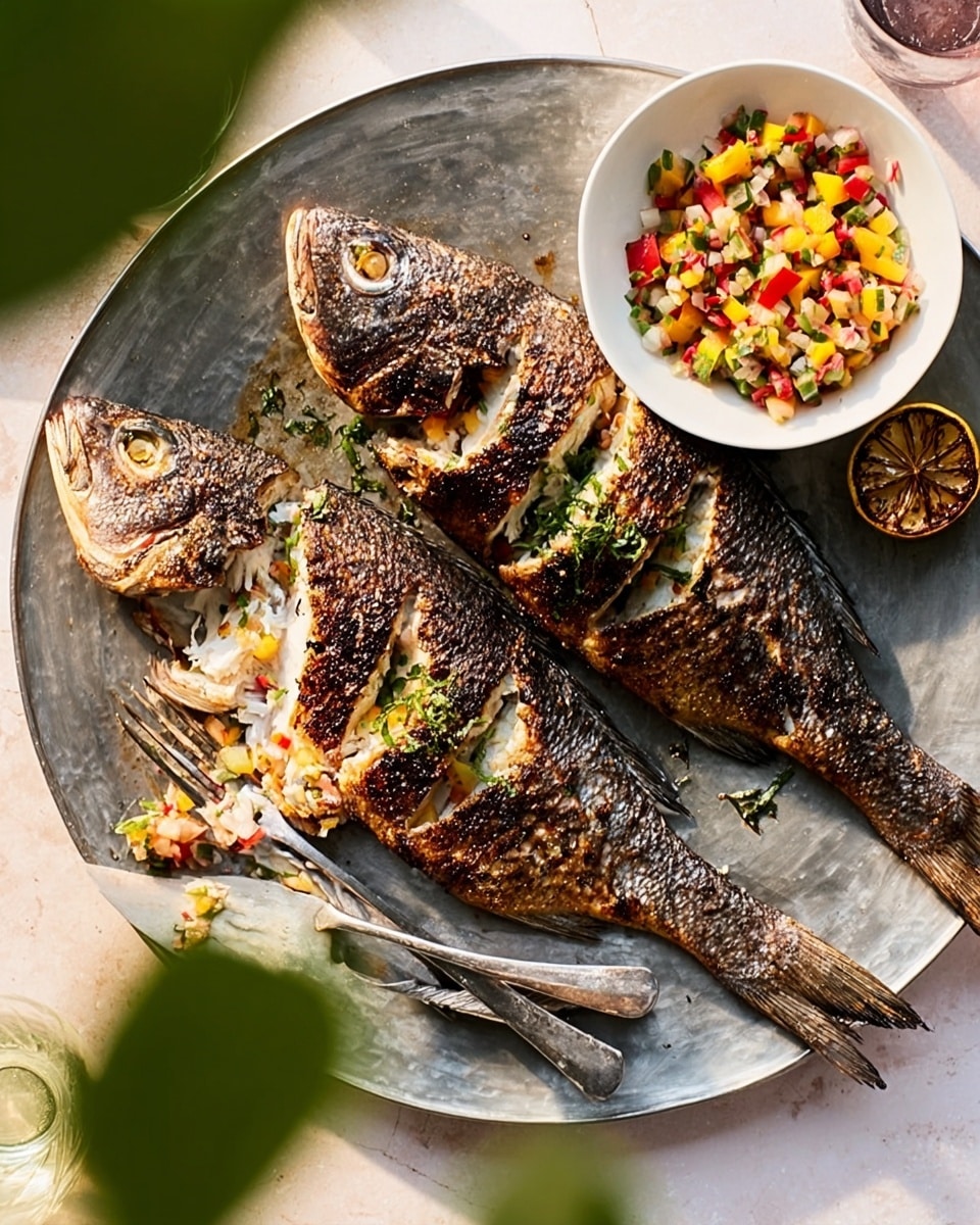 Two whole grilled fish with dark, crispy skin and golden-brown grill marks lie side by side on a large round metal plate, with one fish partially flaked open showing soft white flesh inside. Around the fish are small charred lemon halves and scattered green herb leaves. On the right side of the plate, there is a white bowl filled with a colorful mix of diced red, yellow, and green vegetables. A fork and knife rest on the left side of the plate, with a woman's hand holding the fork. The plate sits on a white marbled surface with soft natural light coming from above. Photo taken with an iphone --ar 4:5 --v 7