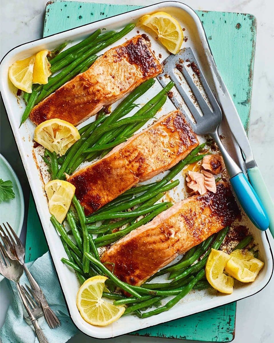 The image shows a white baking tray placed on a white marbled surface, filled with three large pieces of cooked salmon with a golden-brown top layer stacked horizontally. Around the salmon, there are bright green steamed green beans arranged on the top and bottom sides of the tray. At the bottom right corner, there are five lemon wedges with a vibrant yellow color. A metal spatula with a blue handle rests inside the tray near the top right piece of salmon. photo taken with an iphone --ar 4:5 --v 7