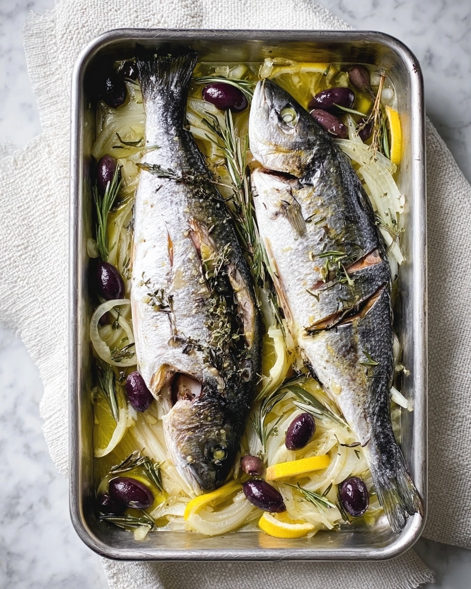The image shows two whole cooked fish with silvery, slightly charred skin placed side by side in a rectangular silver baking tray. Underneath the fish, there is a layer of thinly sliced pale yellow and white onions mixed with dark purple olives and lemon slices, creating a colorful base. The fish appear moist and tender, with herbs like rosemary scattered throughout. The tray is set on a white marbled surface with a white textured cloth partially underneath. photo taken with an iphone --ar 4:5 --v 7